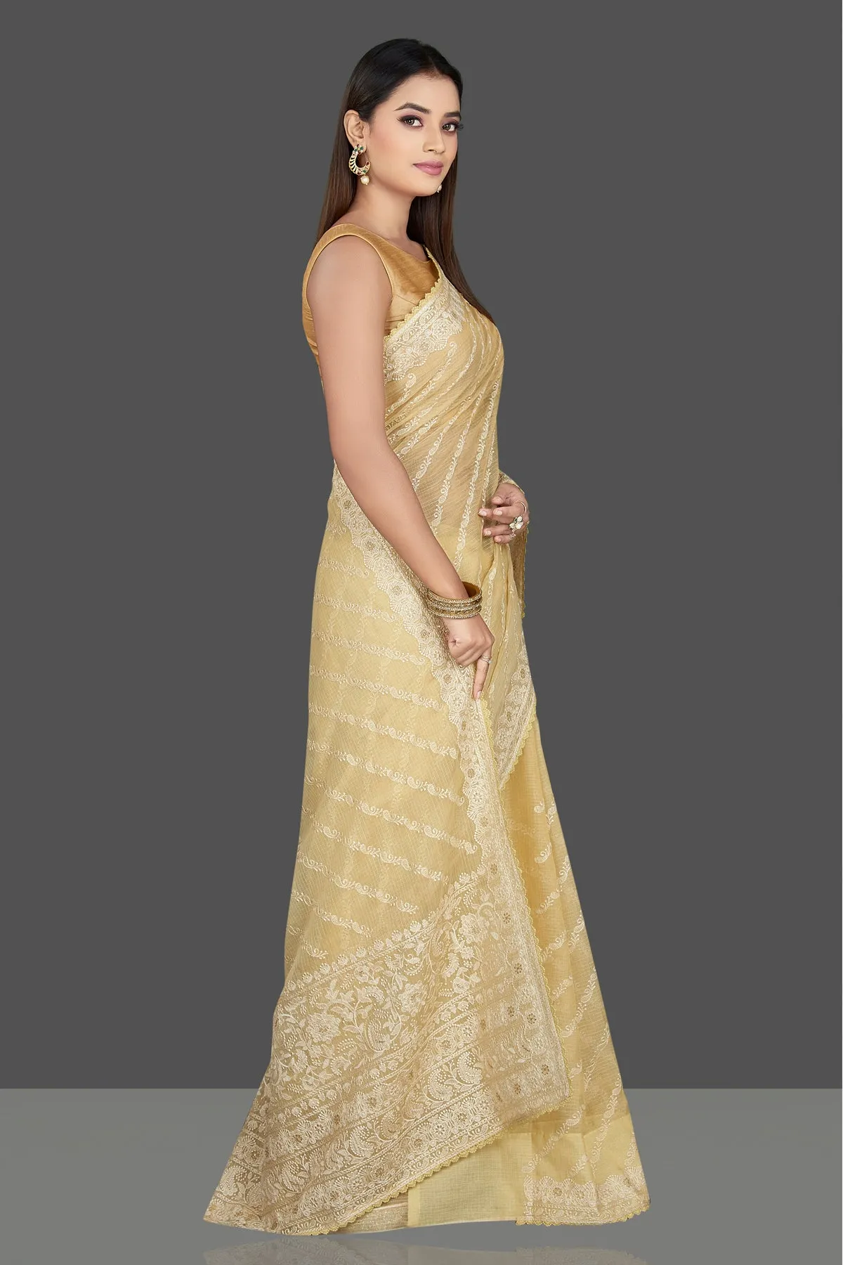 90L800 Light Yellow Chikankari Kota Saree