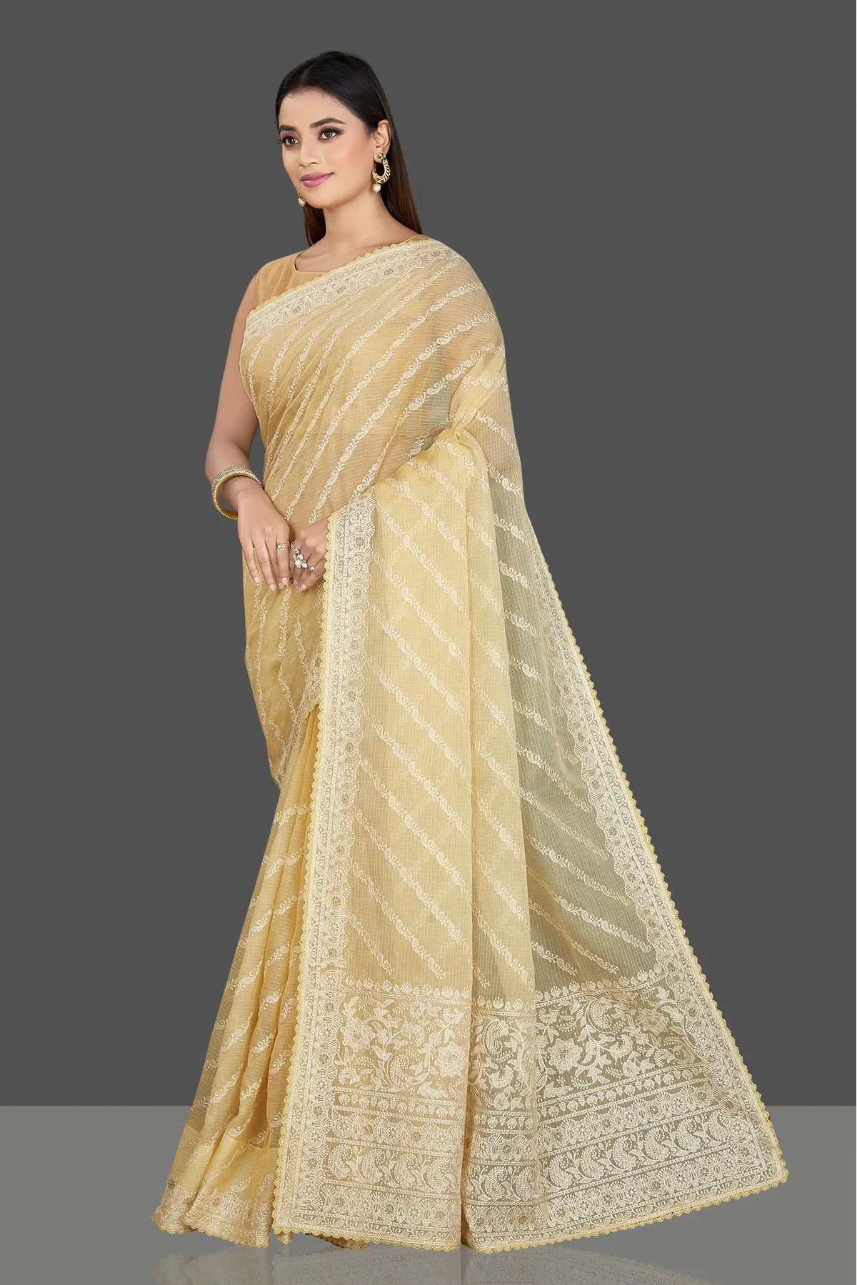 90L800 Light Yellow Chikankari Kota Saree