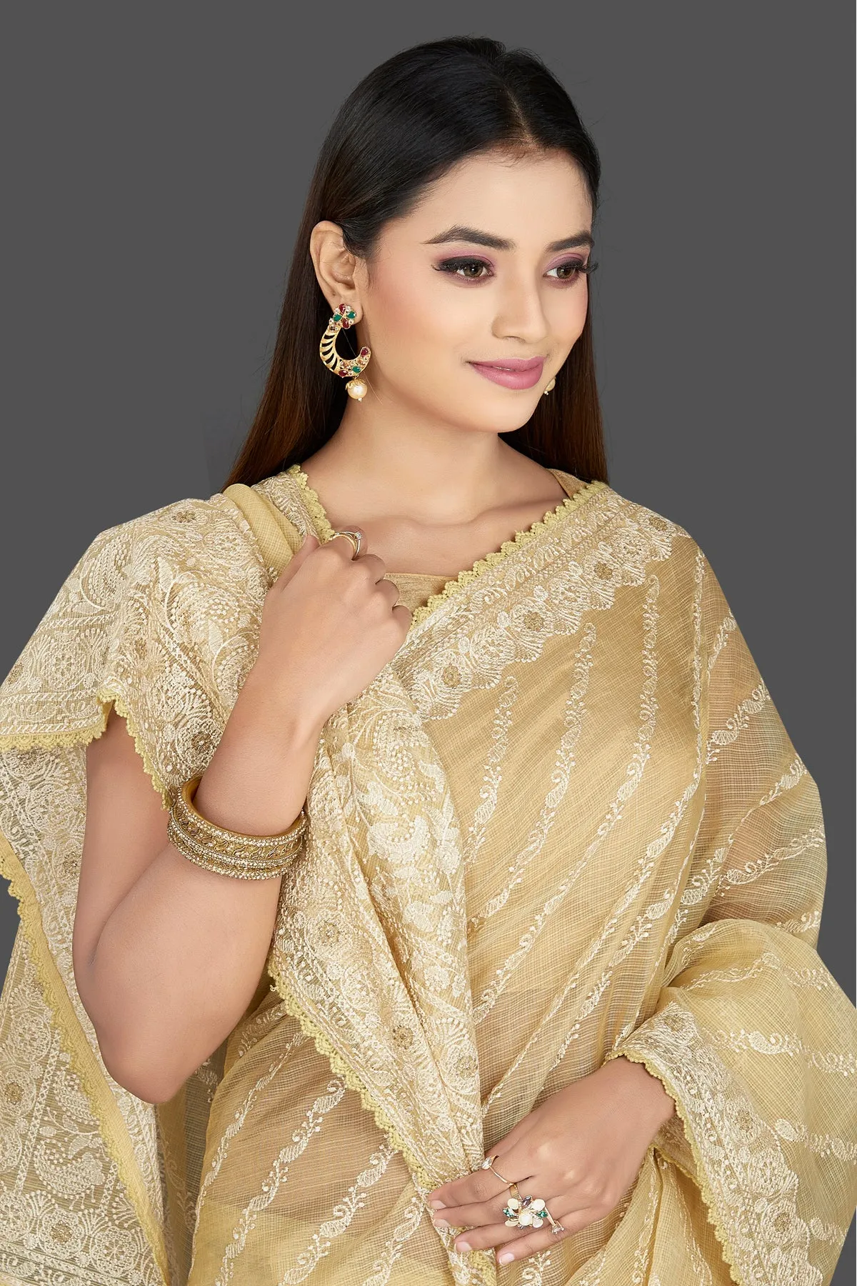 90L800 Light Yellow Chikankari Kota Saree