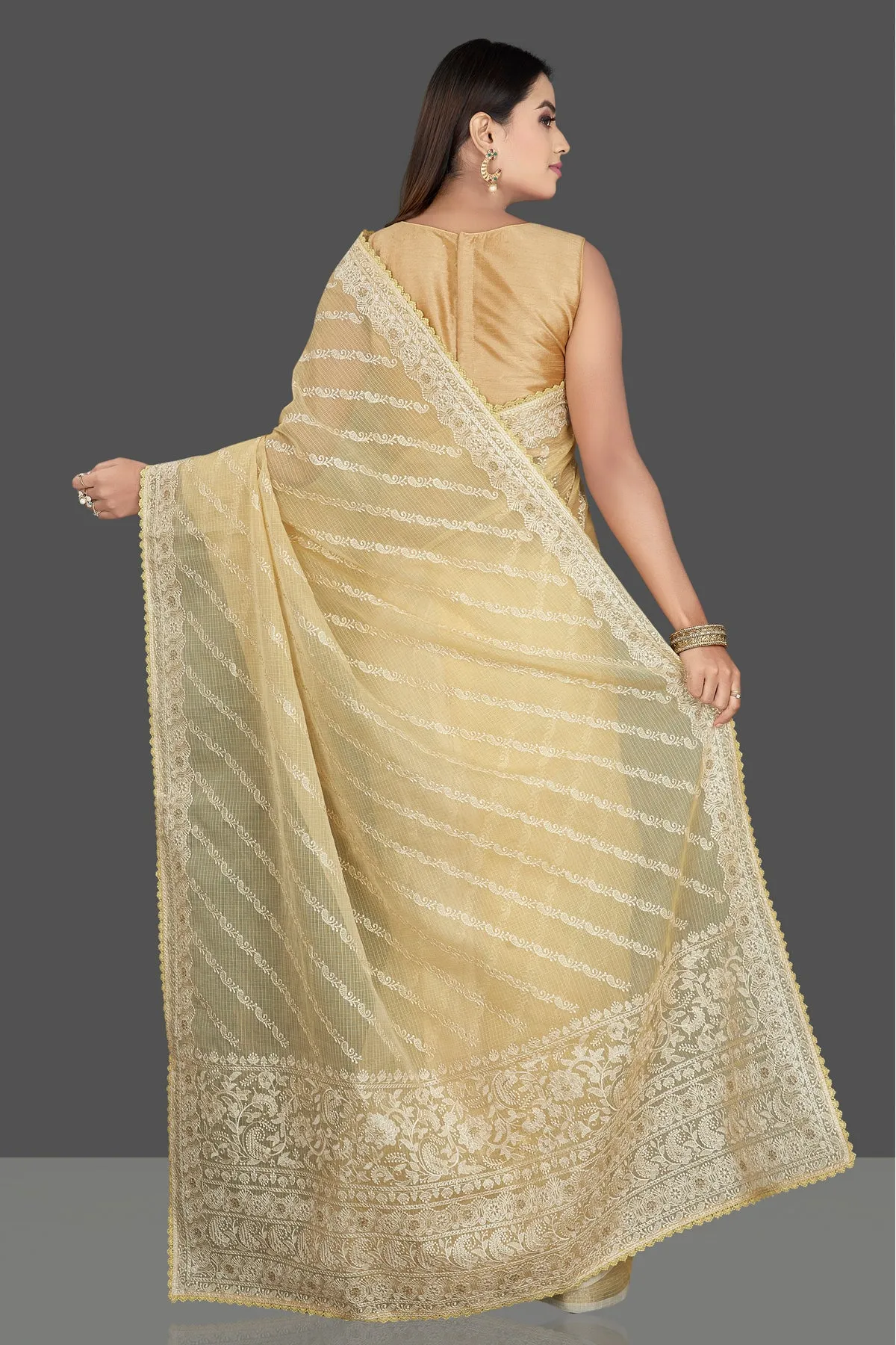 90L800 Light Yellow Chikankari Kota Saree