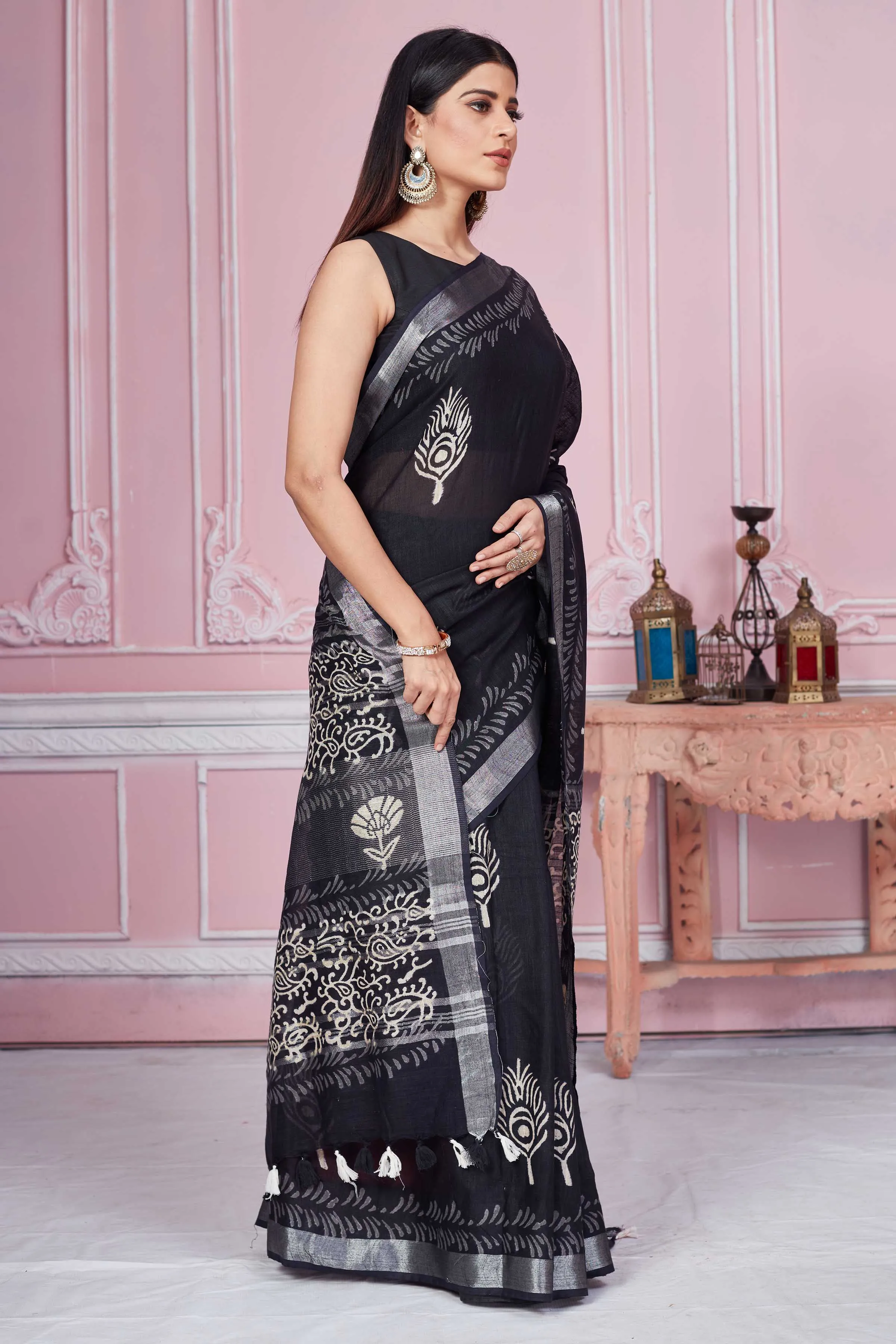 92A097 Black Floral Print Linen Saree With Silver Zari Border