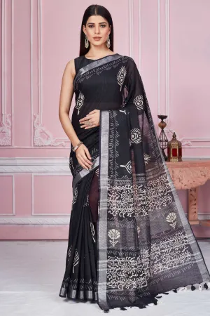 92A097 Black Floral Print Linen Saree With Silver Zari Border