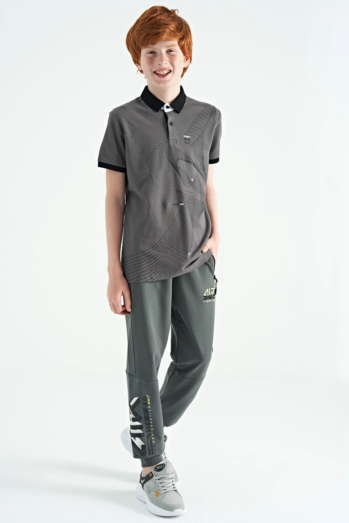 baski detayli standart kalip polo yaka erkek çocuk t-shirt - 11164