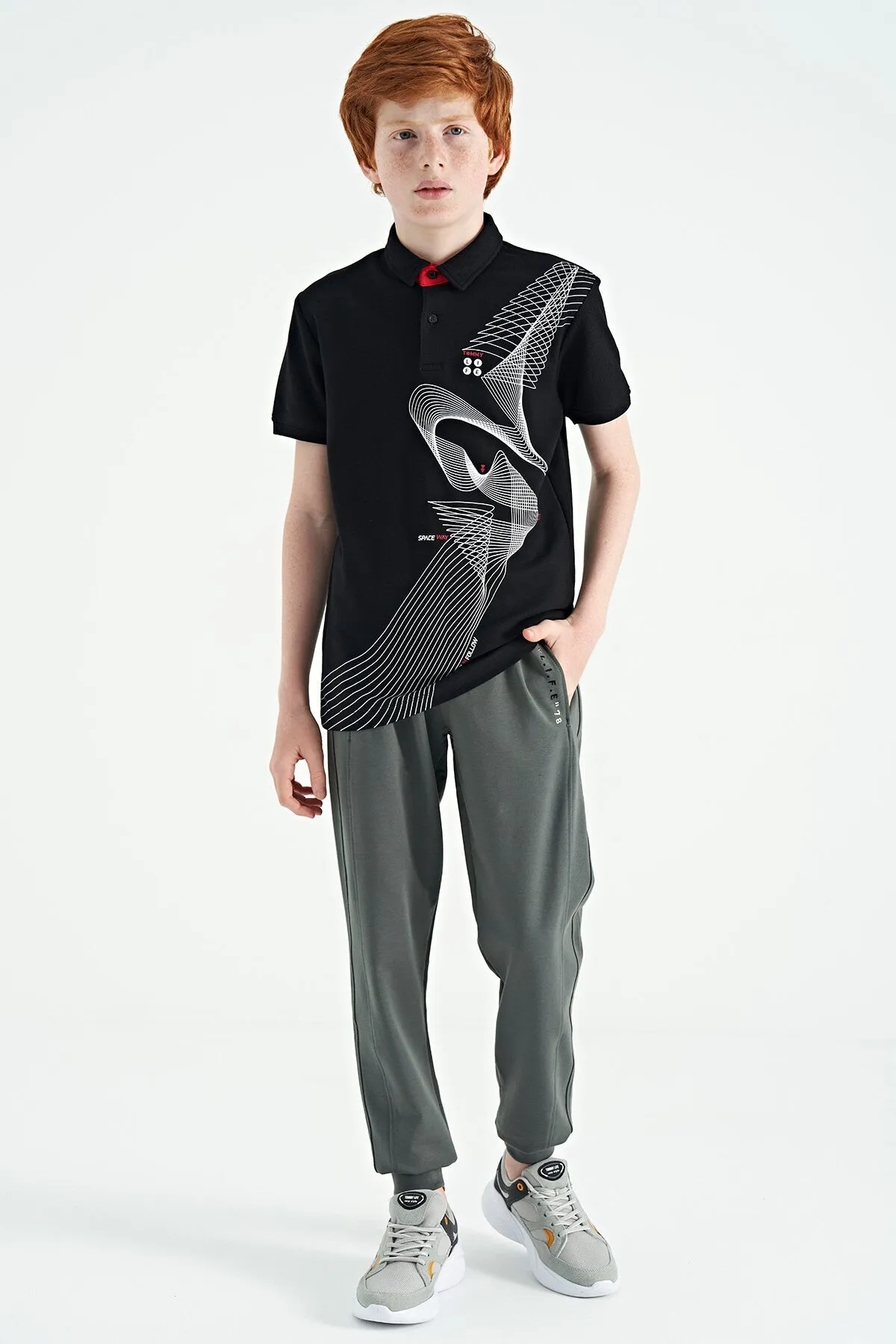 baski detayli standart kalip polo yaka erkek çocuk t-shirt - 11164