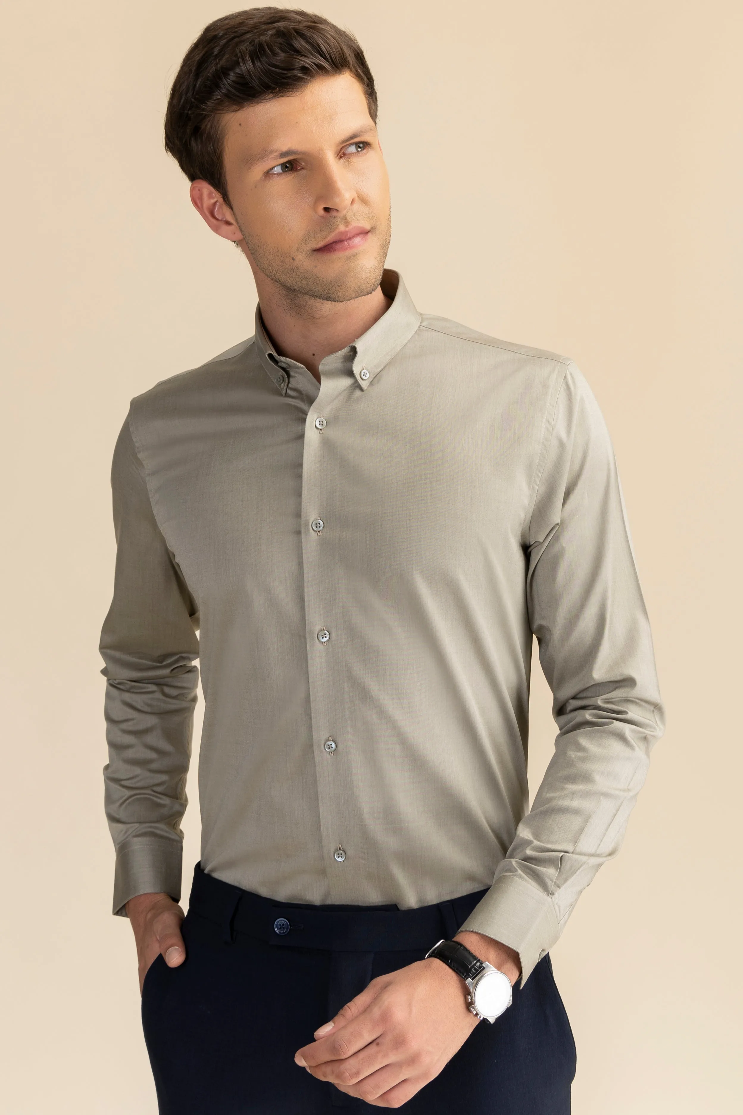 Beige Poplin Solid Shirt