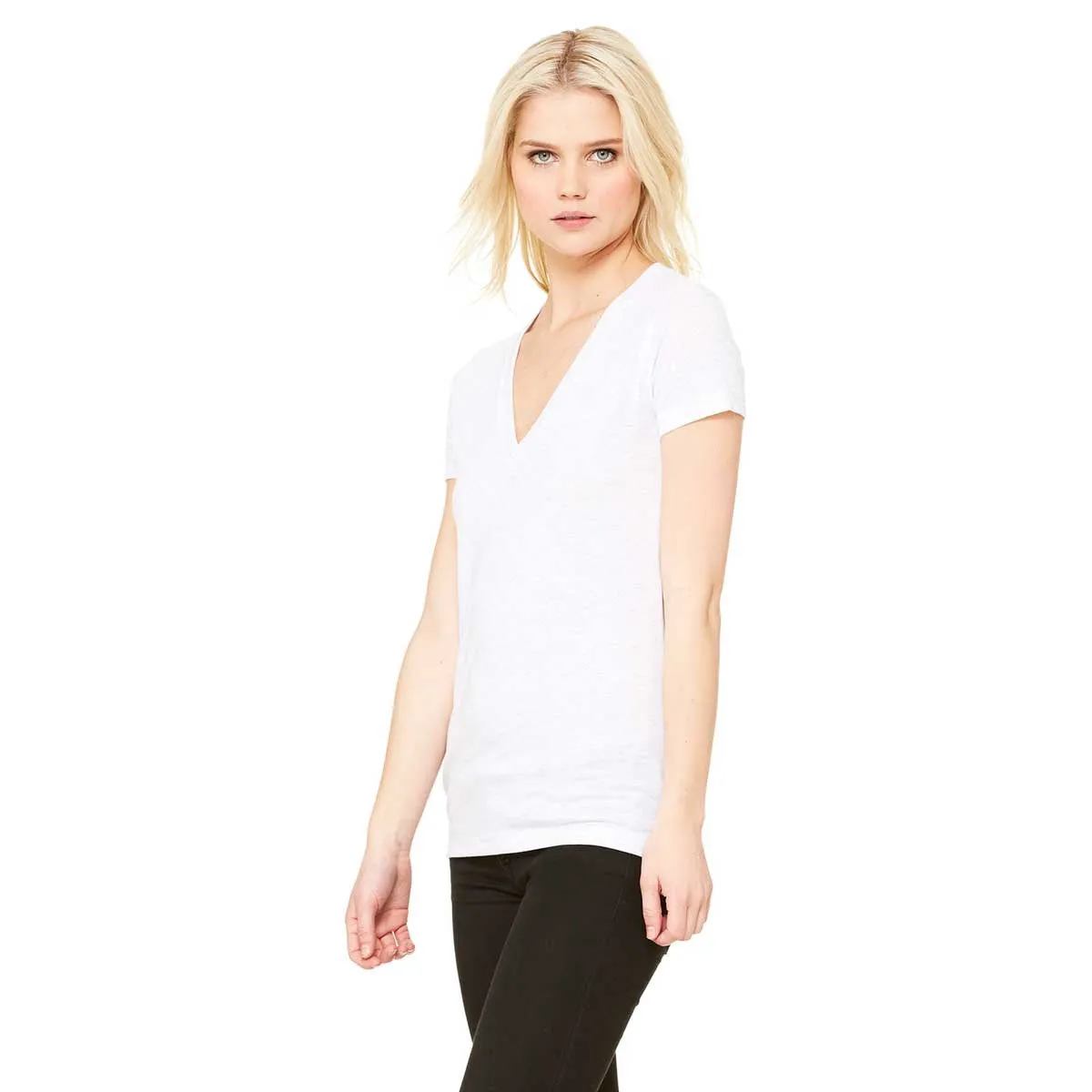Bella   Canvas Women's White Fleck Triblend Short-Sleeve Deep V-Neck T-Shirt
