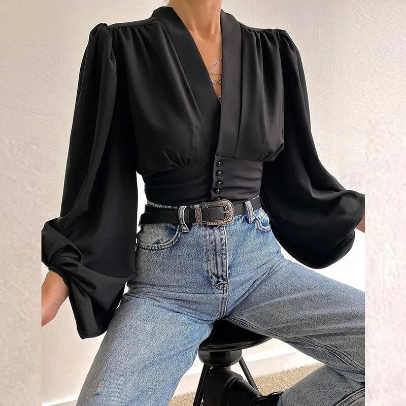 BerriesJam - Elegant Lantern Sleeve V-neck Solid Color Blouse