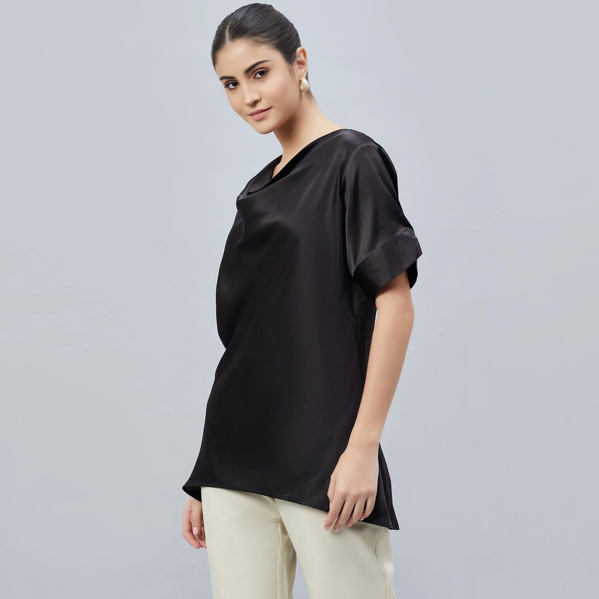 Black Cowl Neck Embellished Satin Shirt