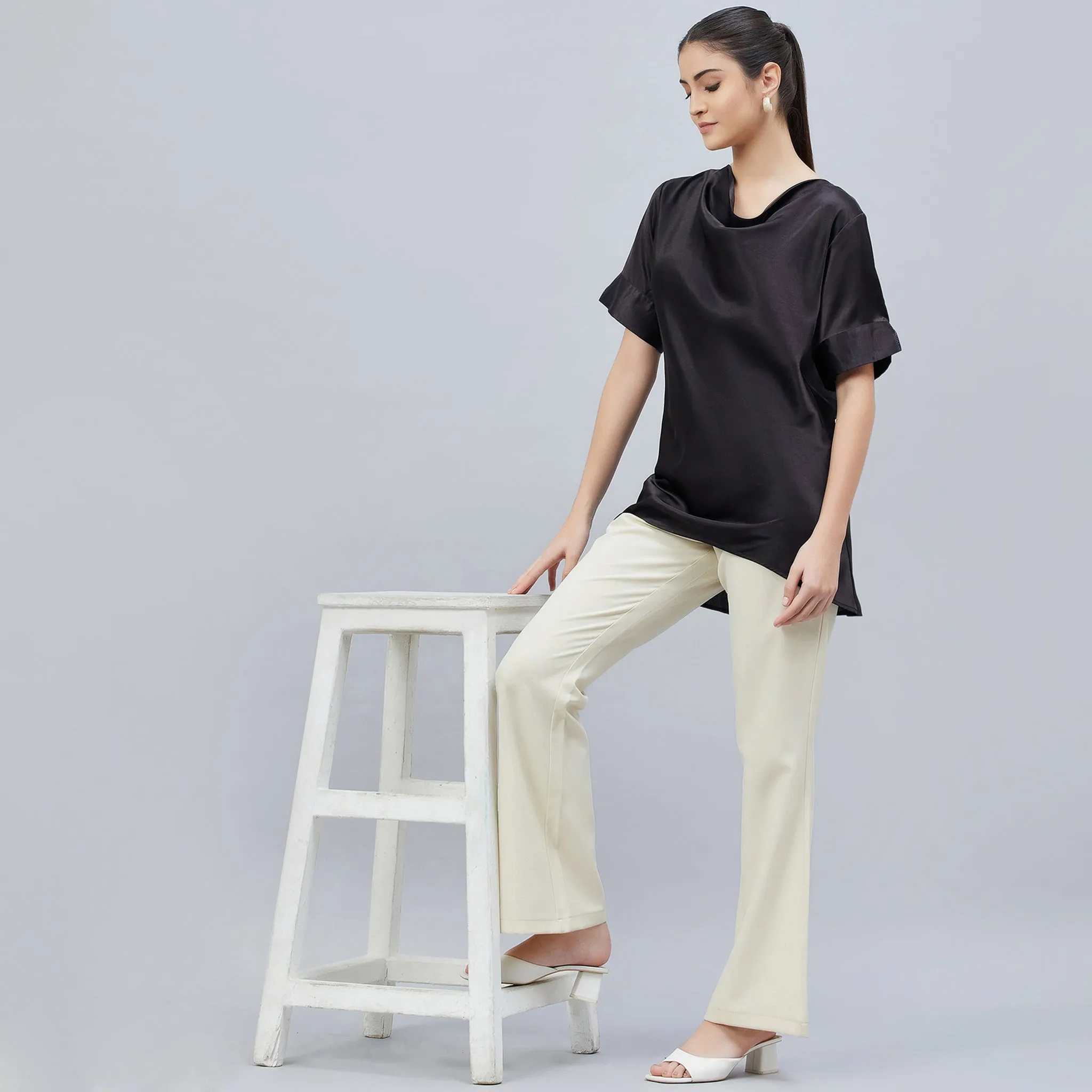 Black Cowl Neck Embellished Satin Shirt