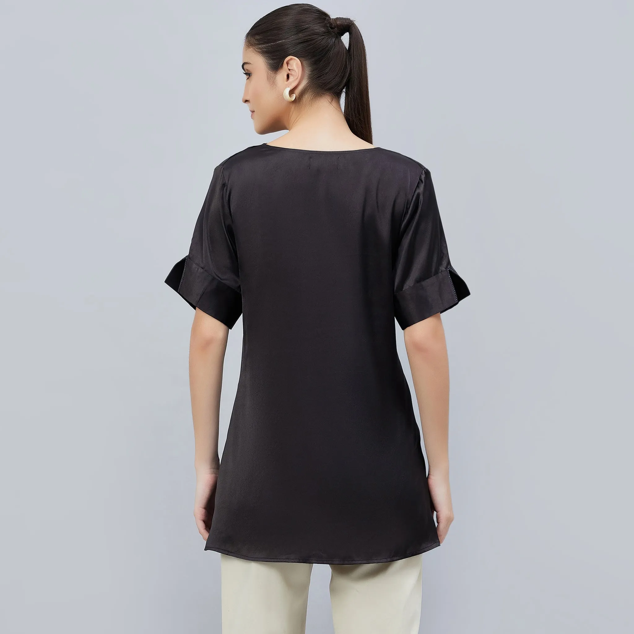 Black Cowl Neck Embellished Satin Shirt