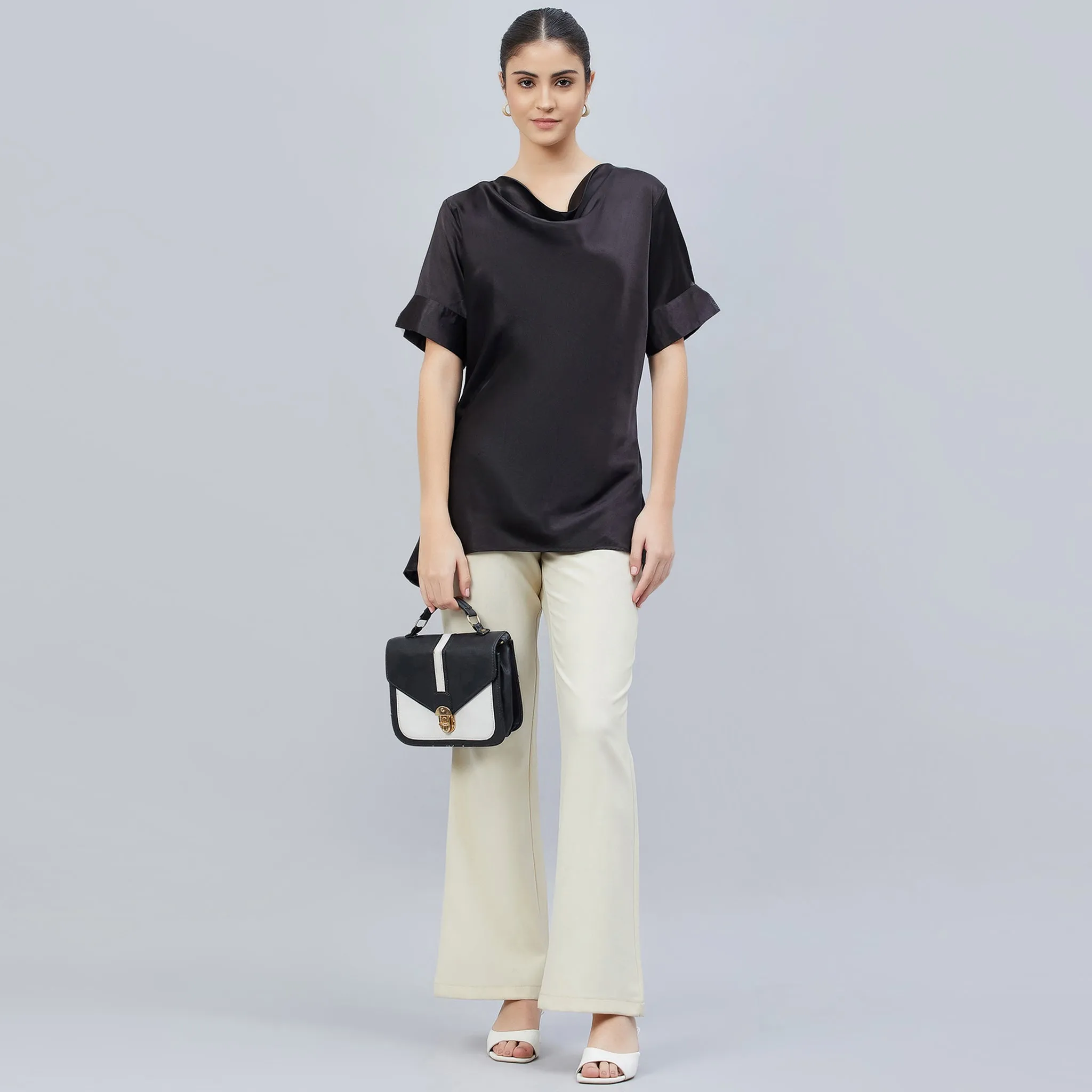 Black Cowl Neck Embellished Satin Shirt