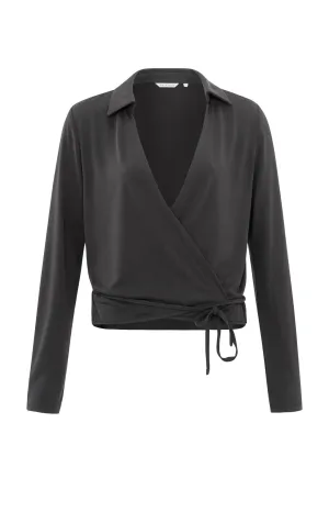 Black jersey wrap blouse with long sleeves and a V-neck