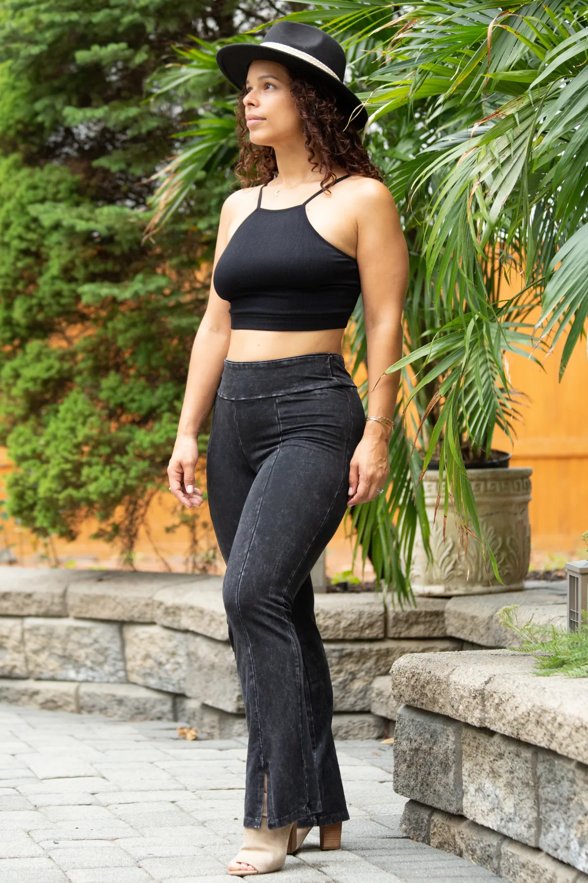 Black Mineral Wash Front Slit Leggings