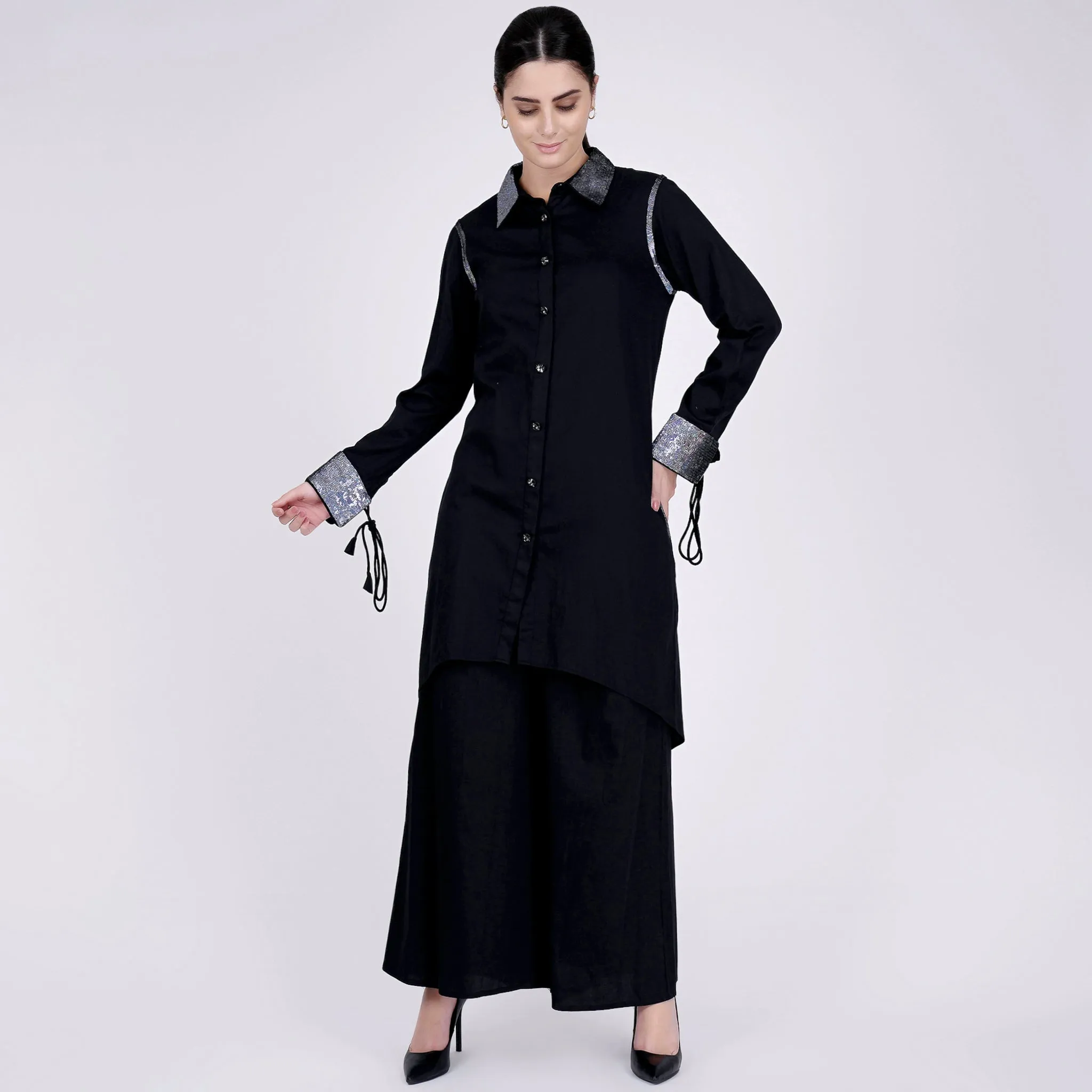 Black Sequined Shirt Dress and Wide Leg Pants