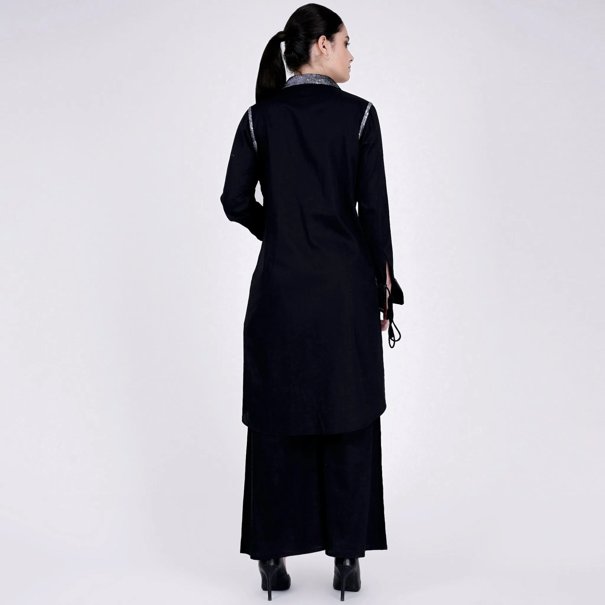 Black Sequined Shirt Dress and Wide Leg Pants