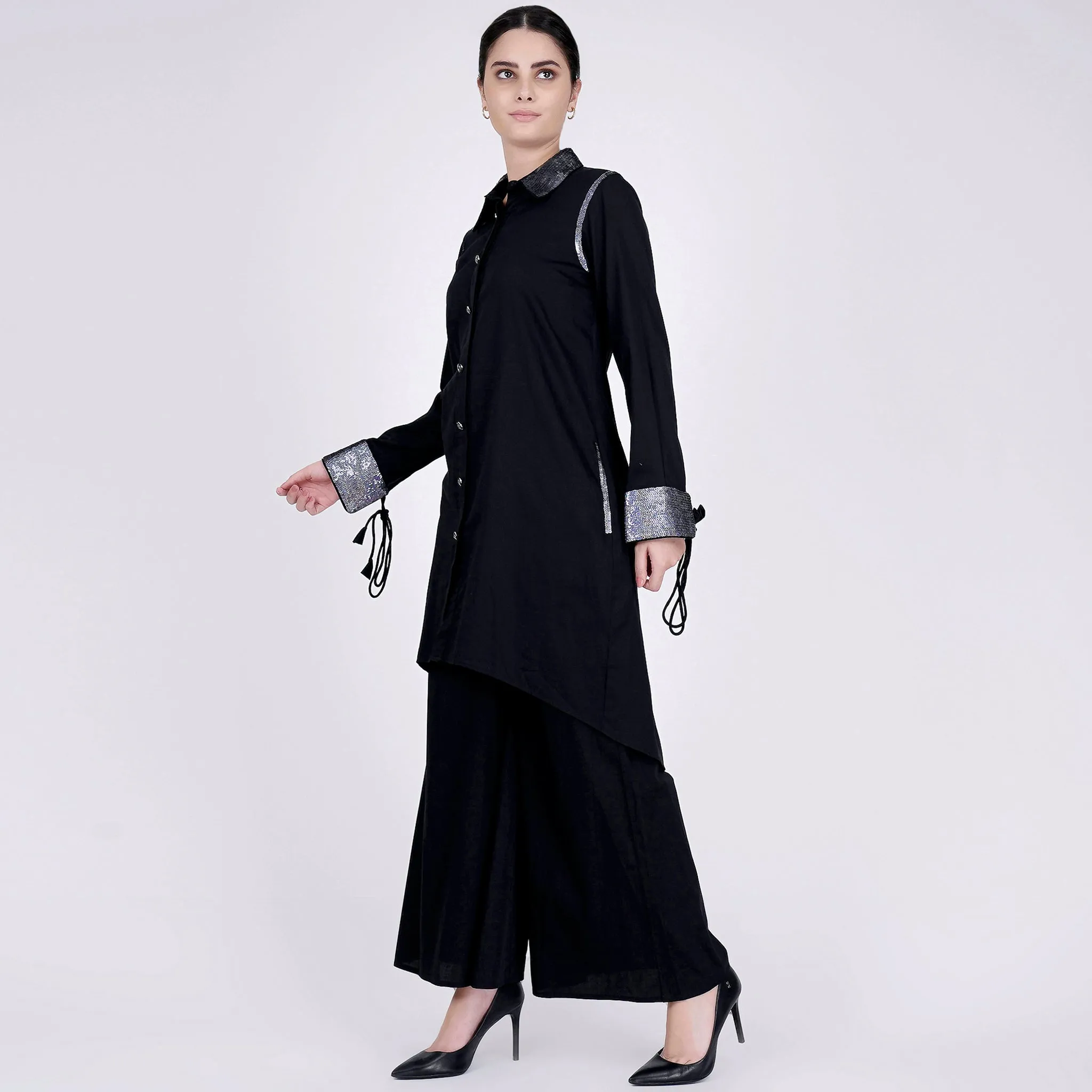 Black Sequined Shirt Dress and Wide Leg Pants