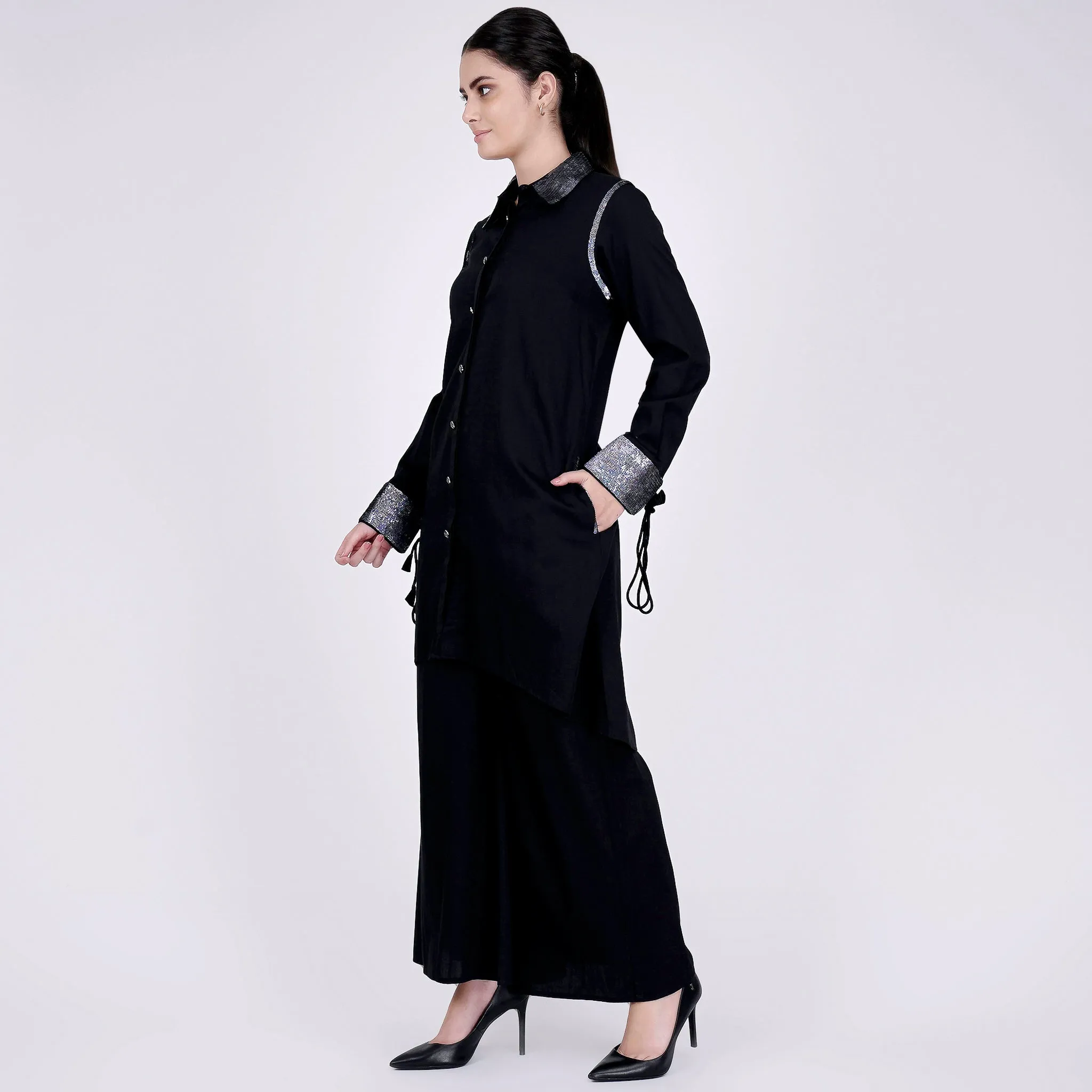 Black Sequined Shirt Dress and Wide Leg Pants