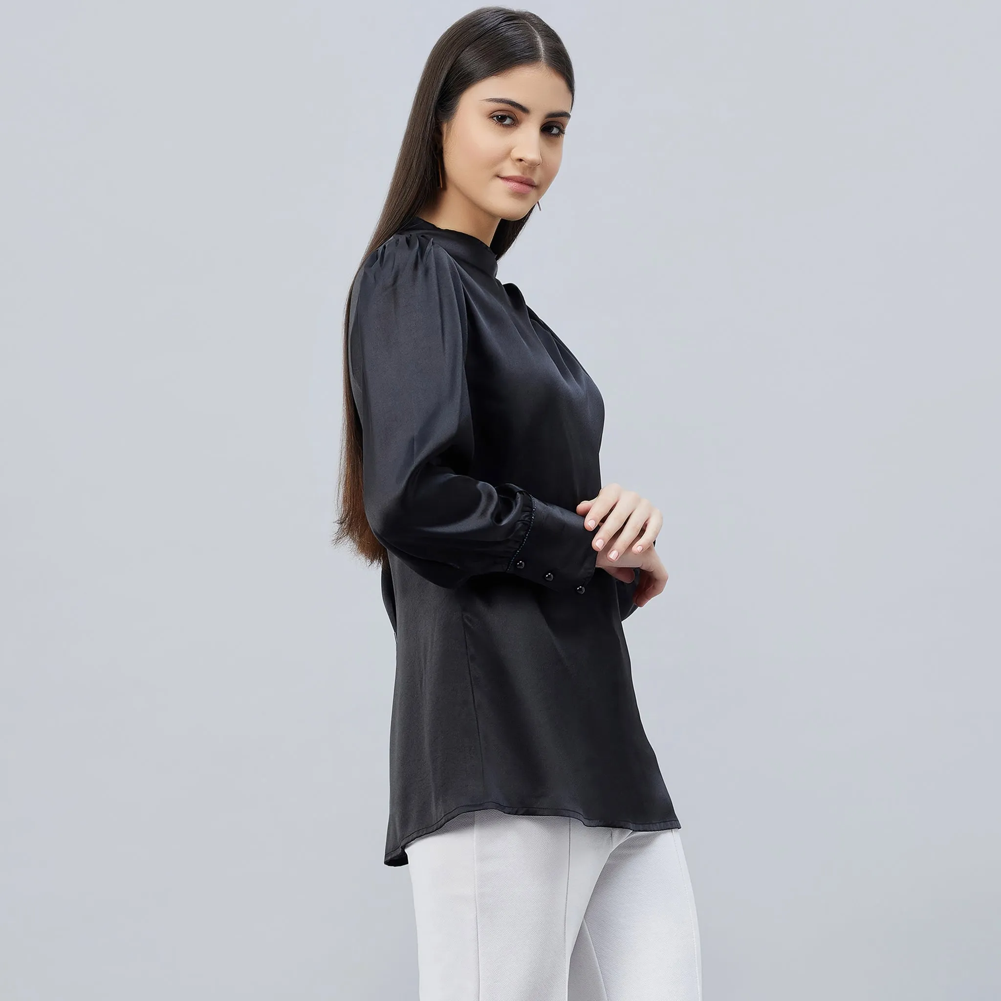 Black Shoulder Pleated Embellished Satin Shirt