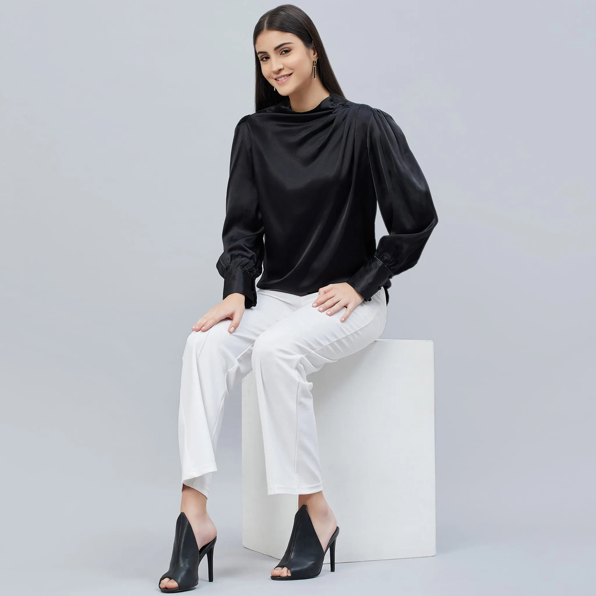 Black Shoulder Pleated Embellished Satin Shirt