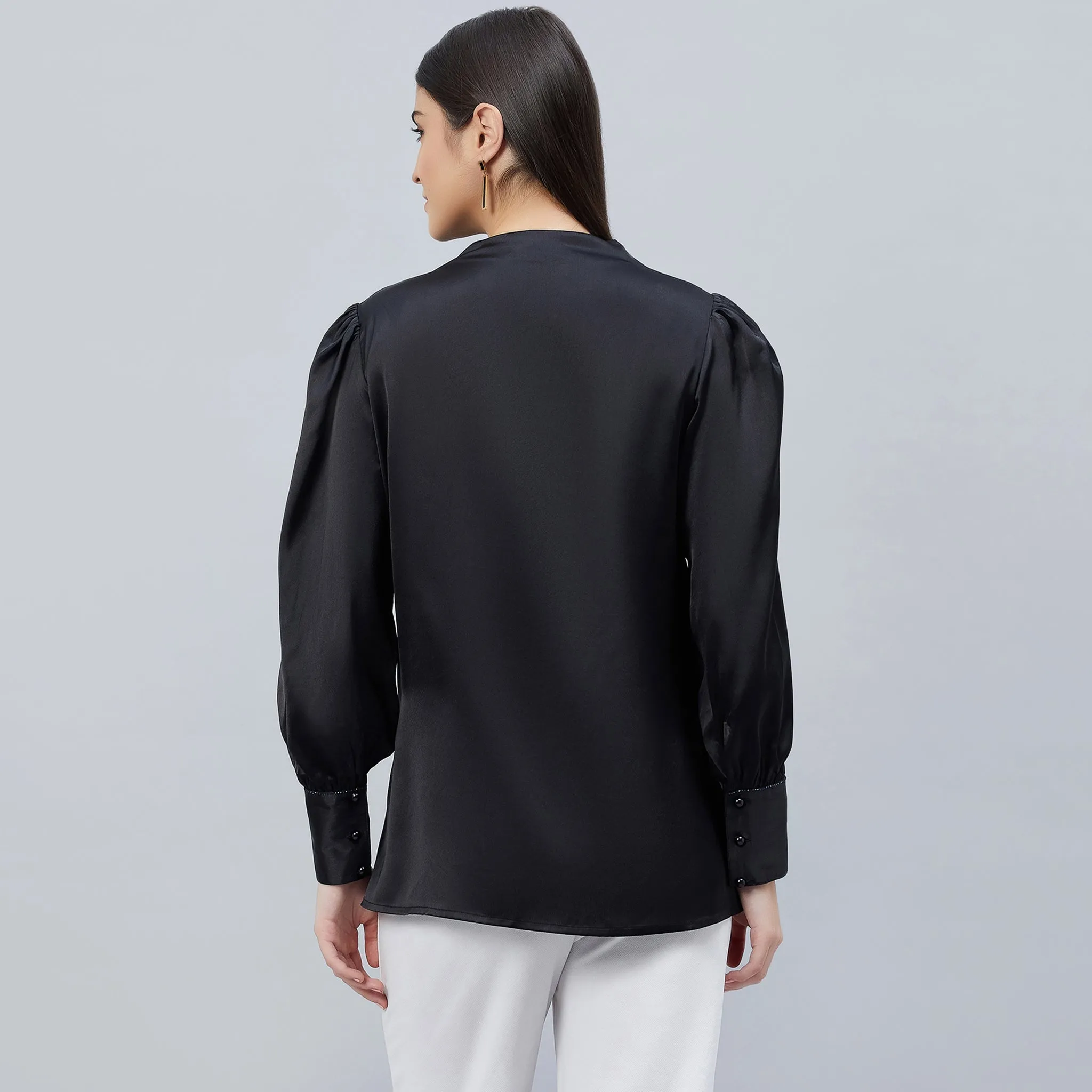 Black Shoulder Pleated Embellished Satin Shirt