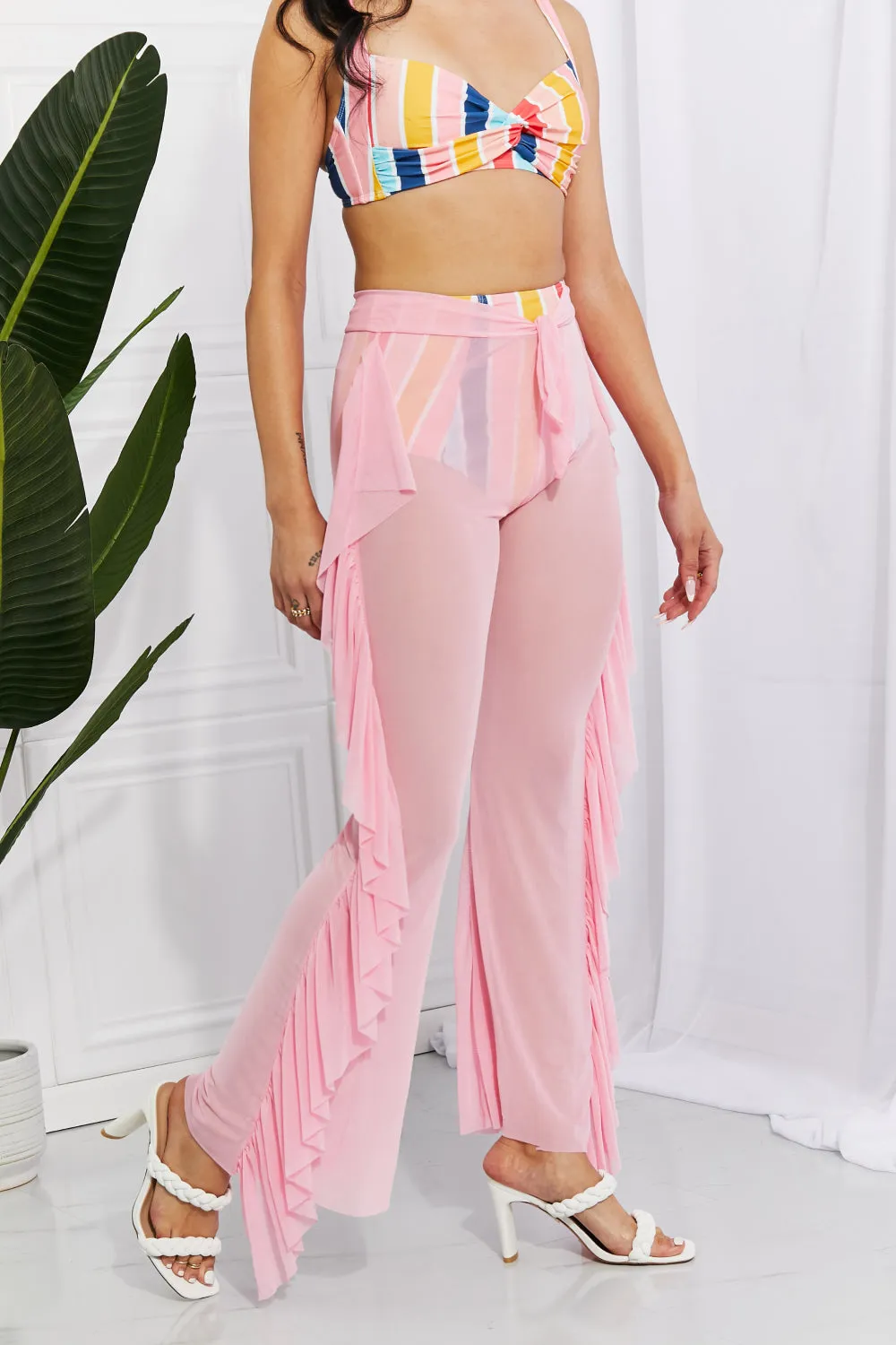 Blush Pink Beach Mesh Ruffle Cover-Up Pants
