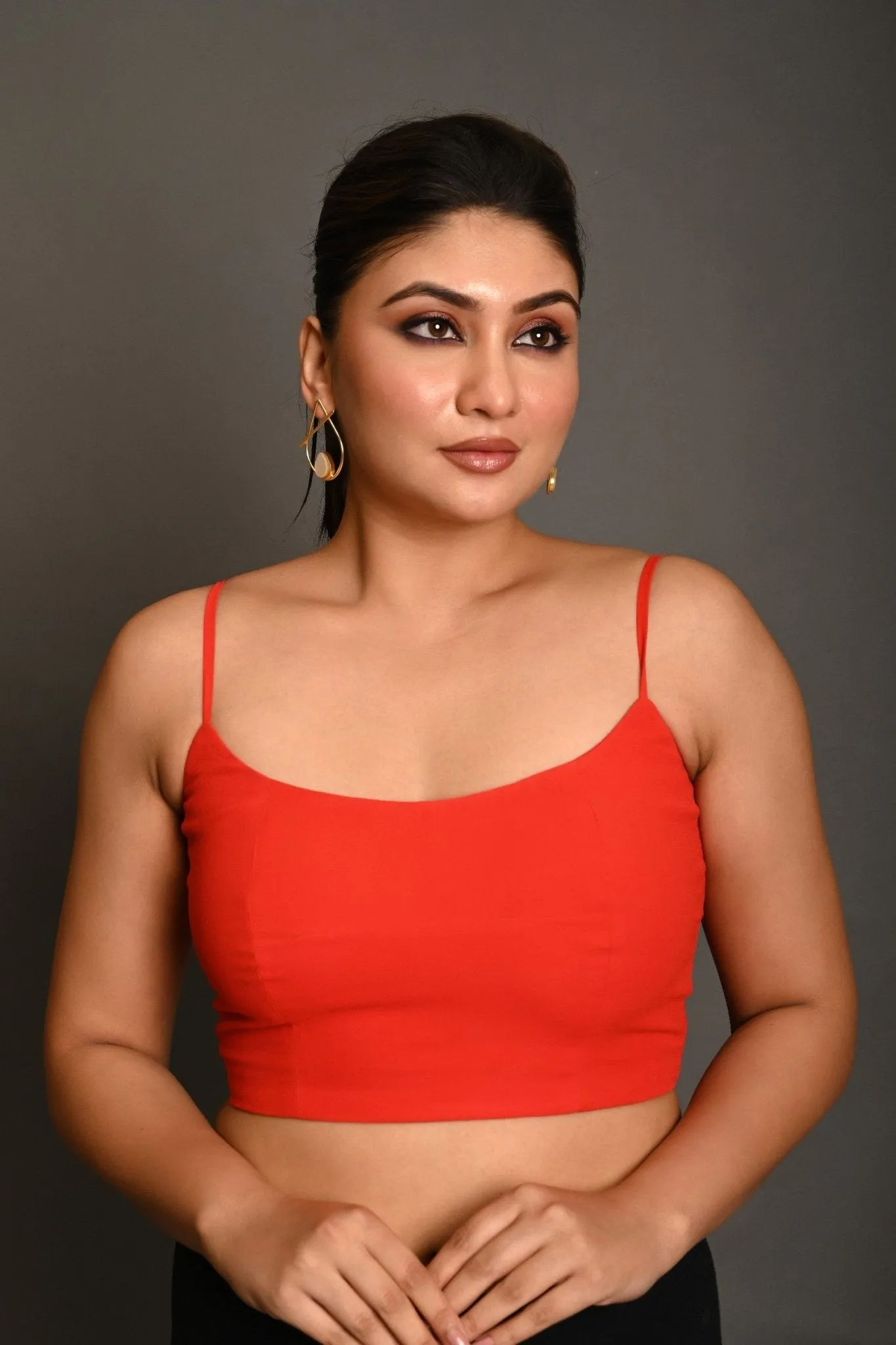 Bright Red Georgette Spaghetti Straps Blouse with Wide U-Neckline