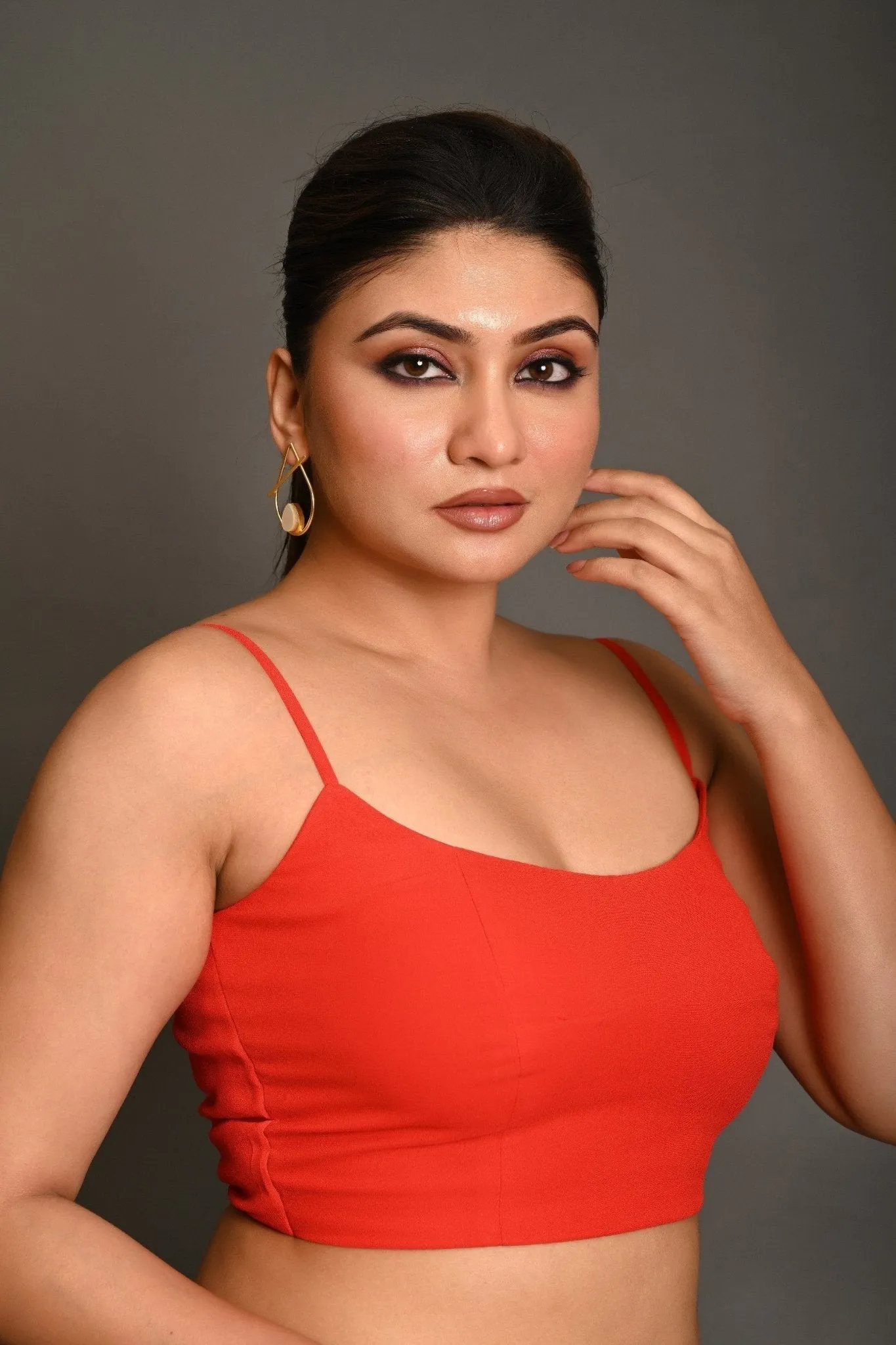 Bright Red Georgette Spaghetti Straps Blouse with Wide U-Neckline