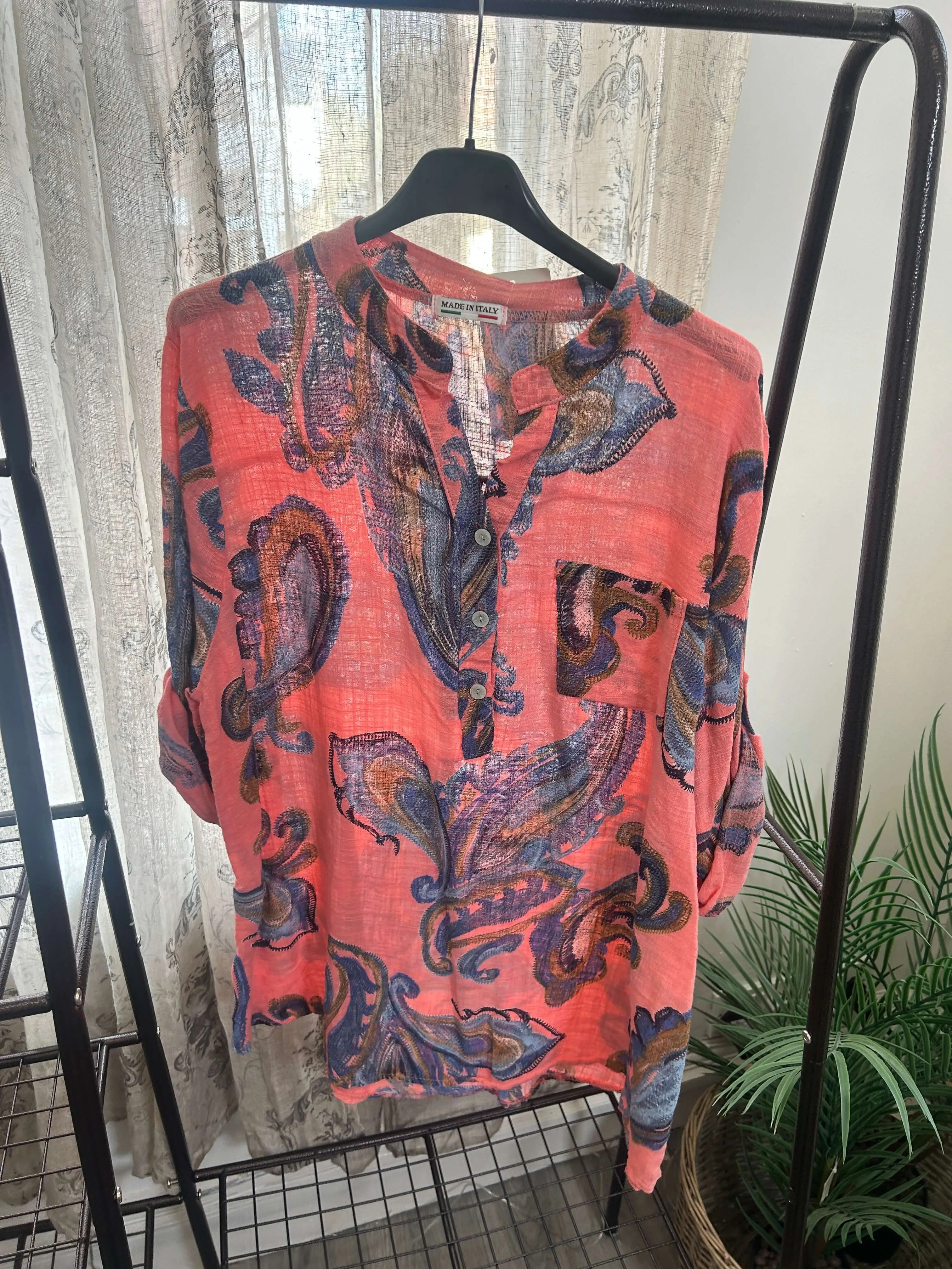 Casual 3 Button Blouse - Paisley Leaf Print