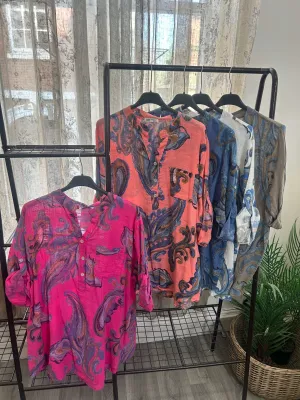 Casual 3 Button Blouse - Paisley Leaf Print
