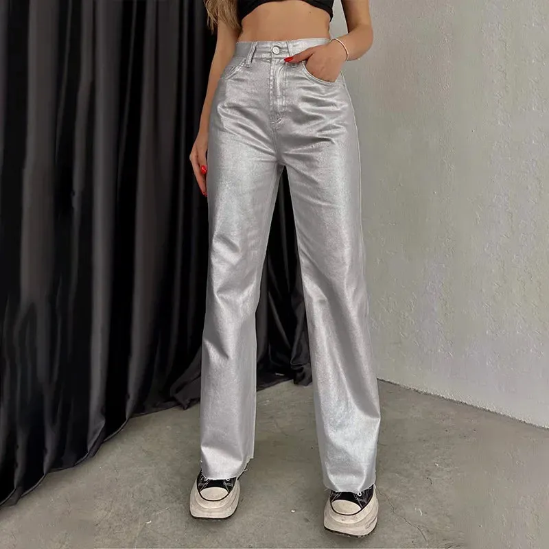 Casual Metallic Rough Hem High Waist Pants