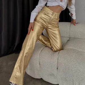 Casual Metallic Rough Hem High Waist Pants
