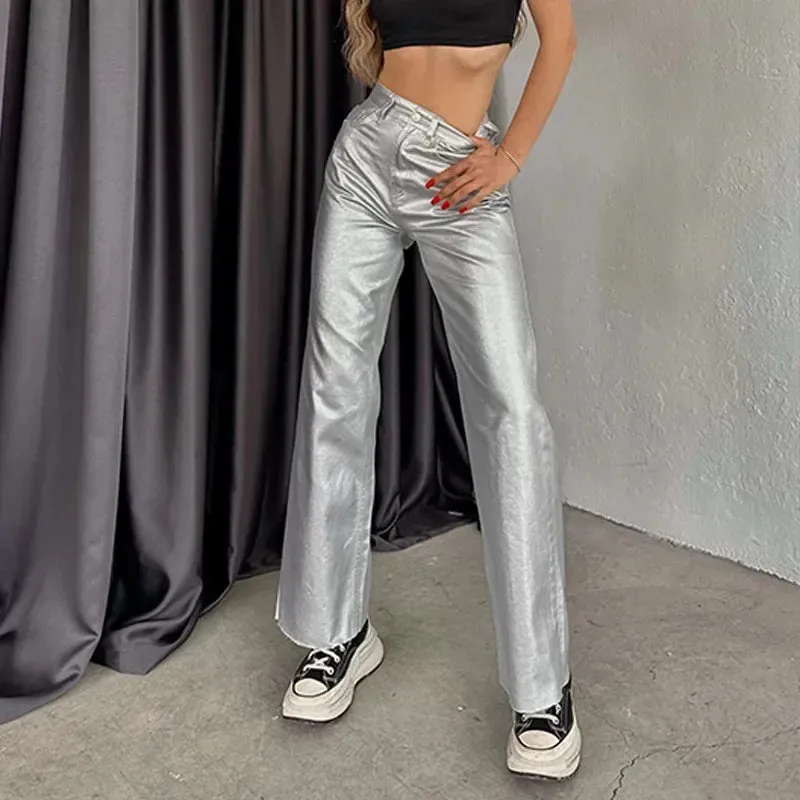 Casual Metallic Rough Hem High Waist Pants
