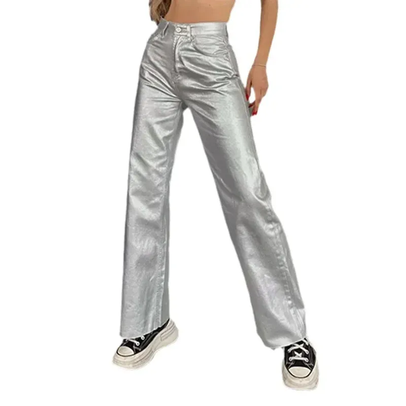 Casual Metallic Rough Hem High Waist Pants