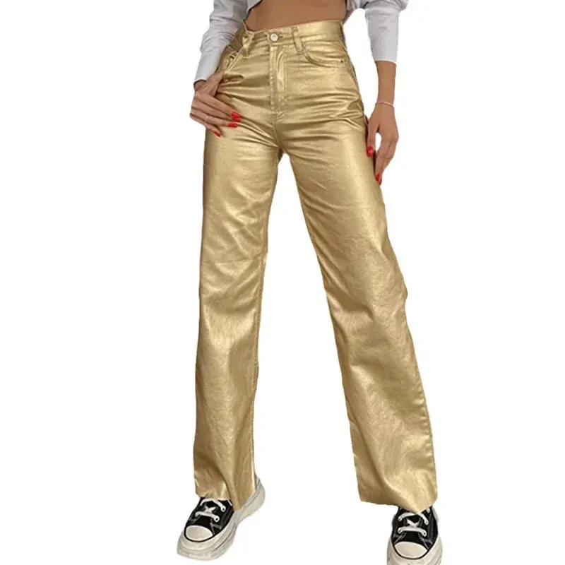 Casual Metallic Rough Hem High Waist Pants