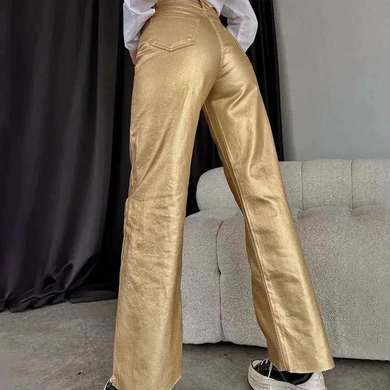 Casual Metallic Rough Hem High Waist Pants