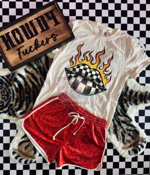 Checkered flame lips ivory comfort colors graphic tee paired with our red BOOT STITCH SHORTS //sold separately