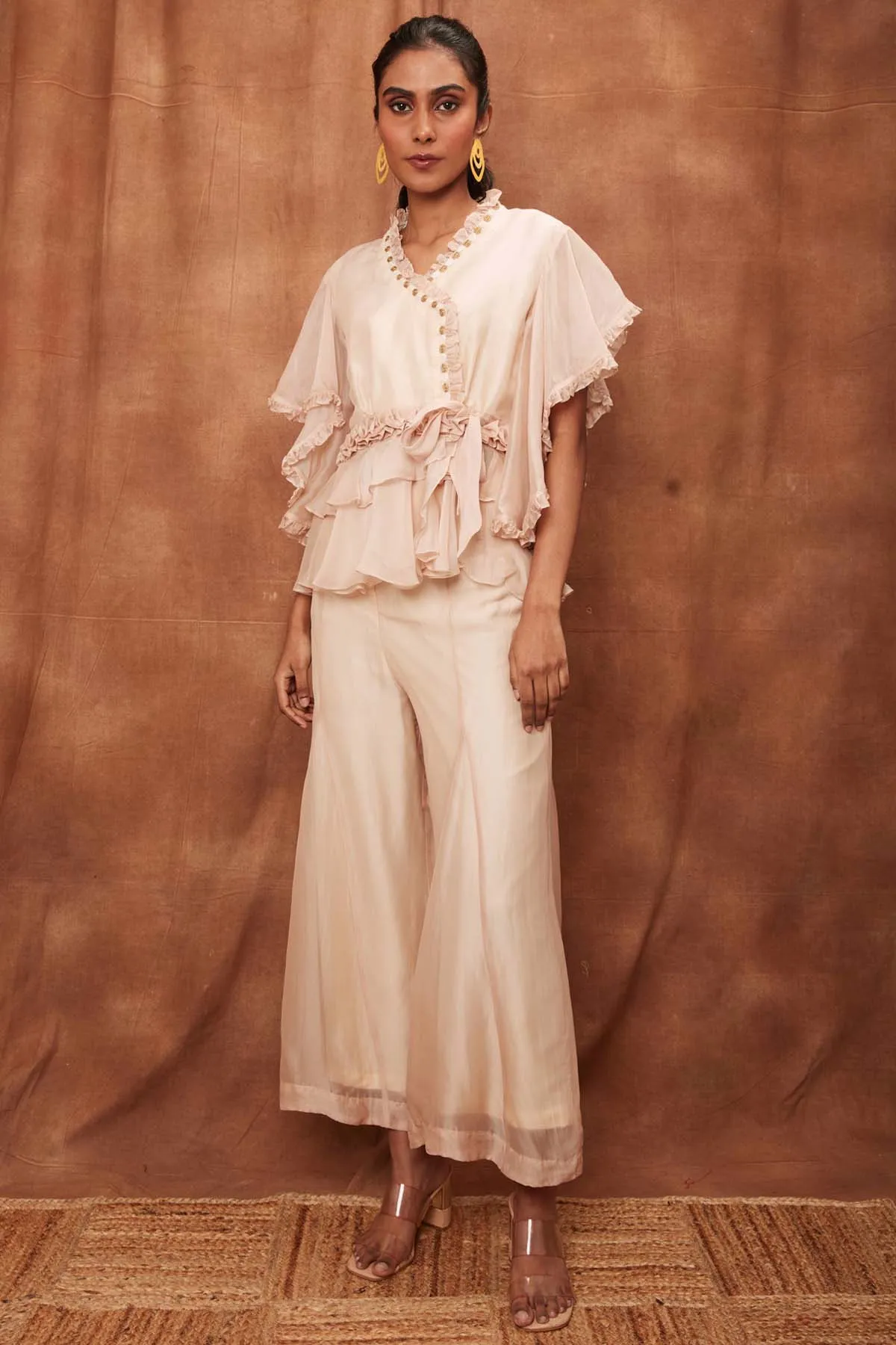 Cream Silk Ruffle Top & Fishcut Pants