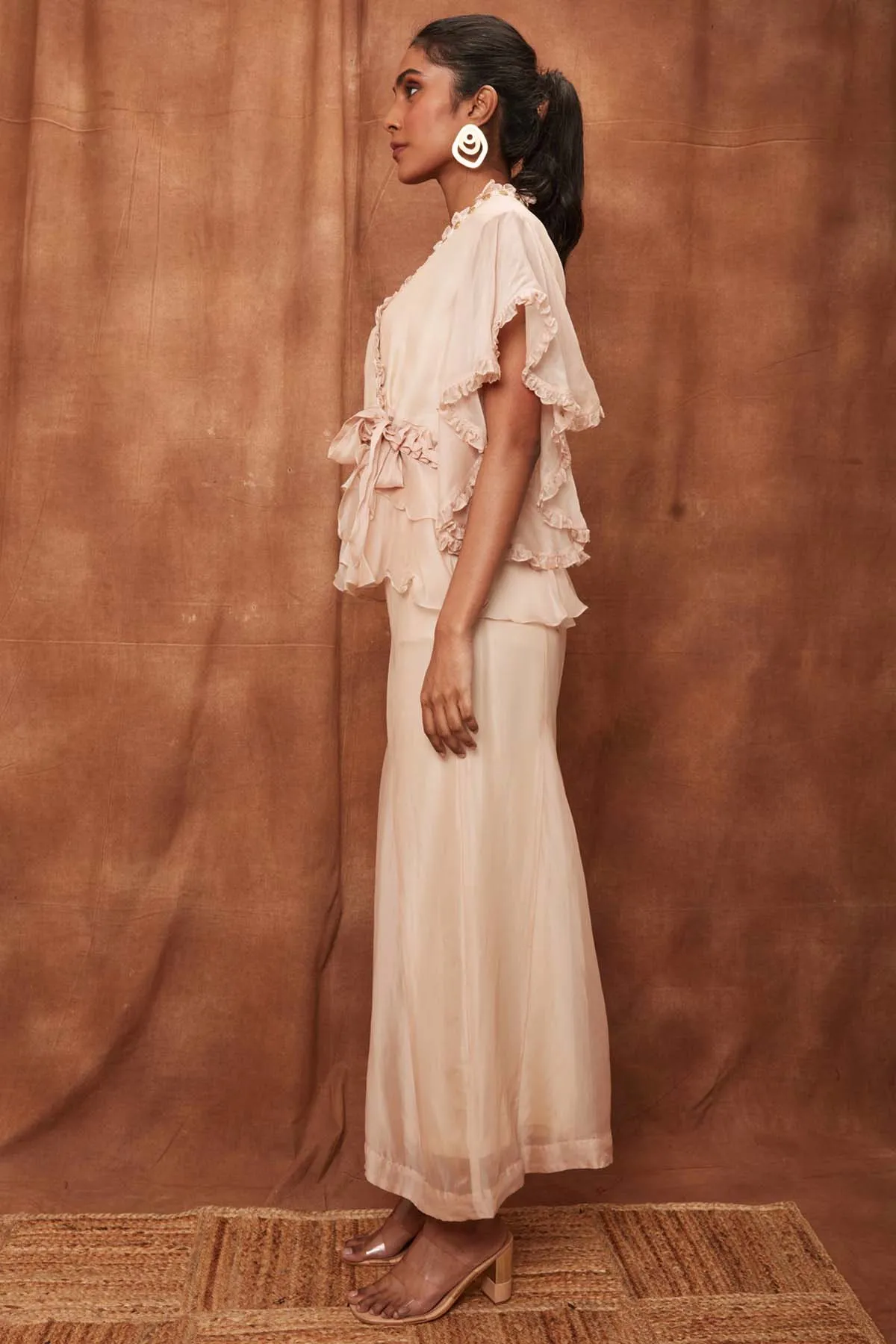 Cream Silk Ruffle Top & Fishcut Pants