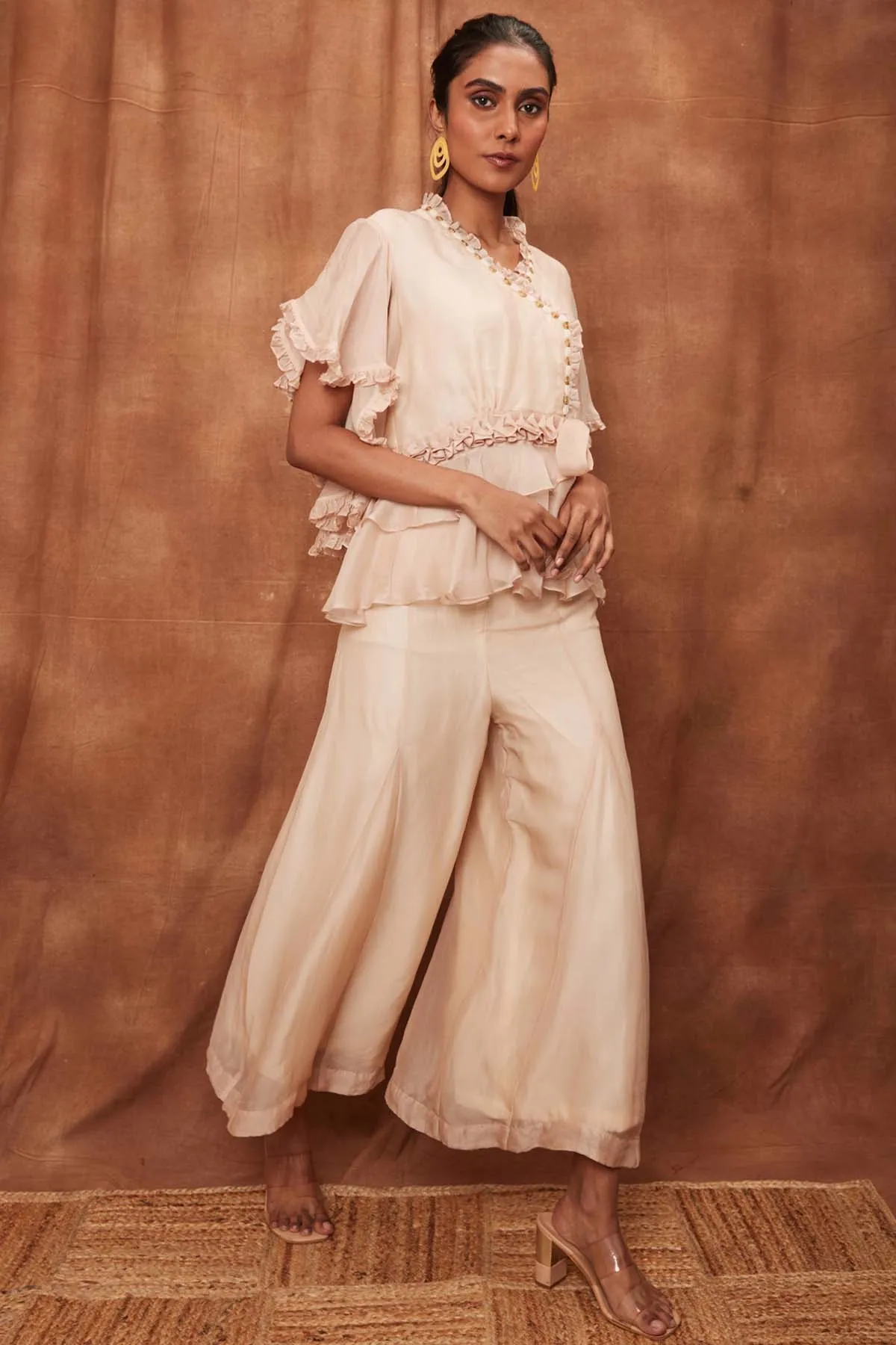 Cream Silk Ruffle Top & Fishcut Pants