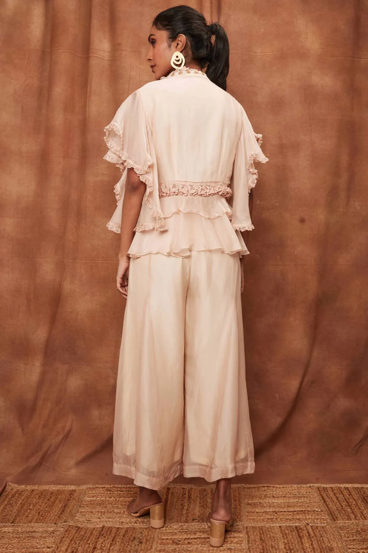 Cream Silk Ruffle Top & Fishcut Pants