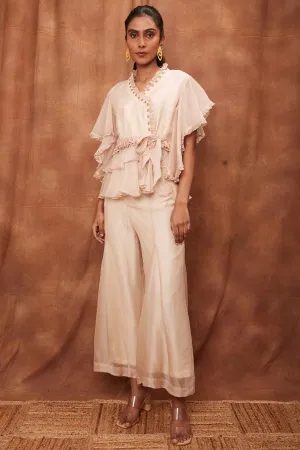 Cream Silk Ruffle Top & Fishcut Pants