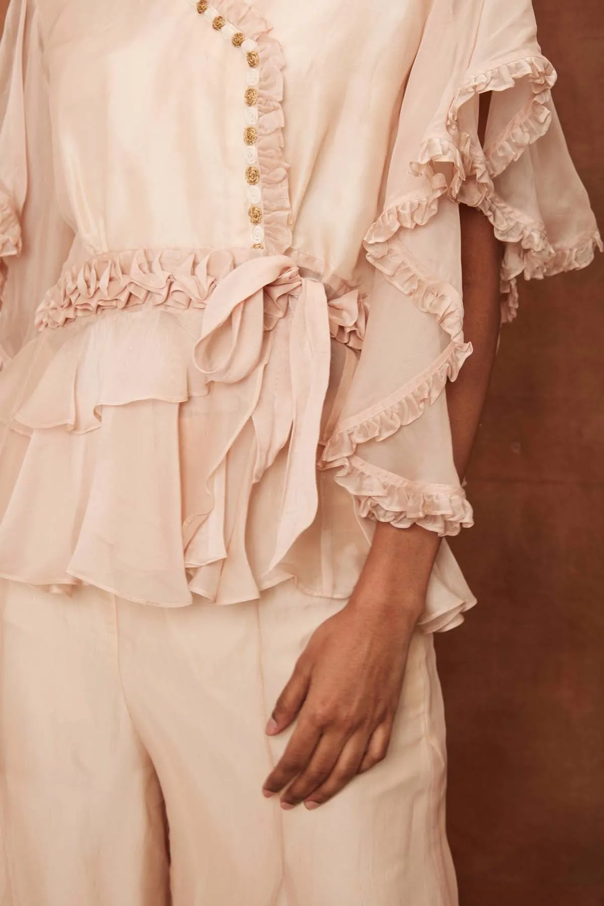 Cream Silk Ruffle Top & Fishcut Pants