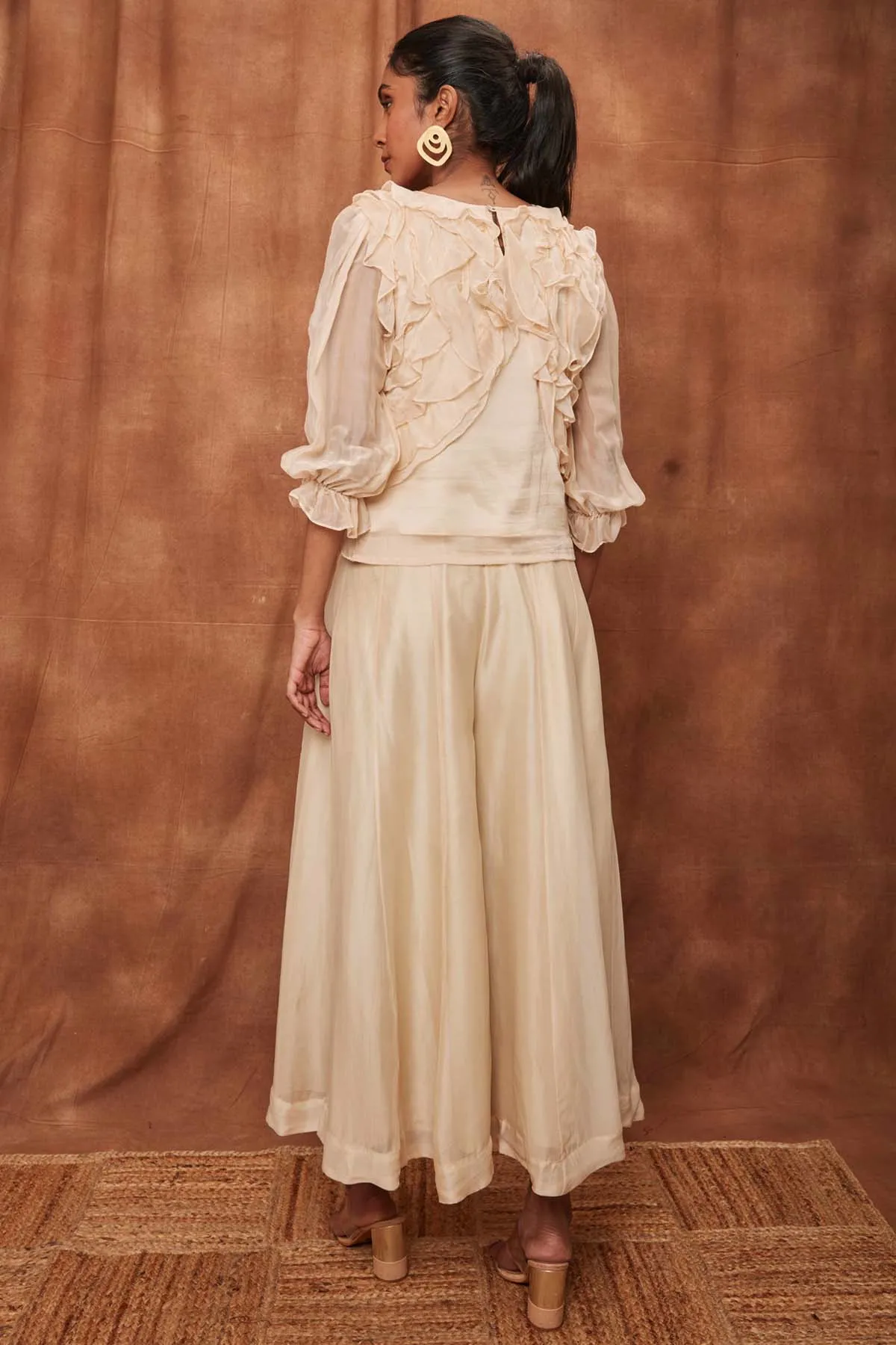 Cream Silk Ruffled Top & Pants