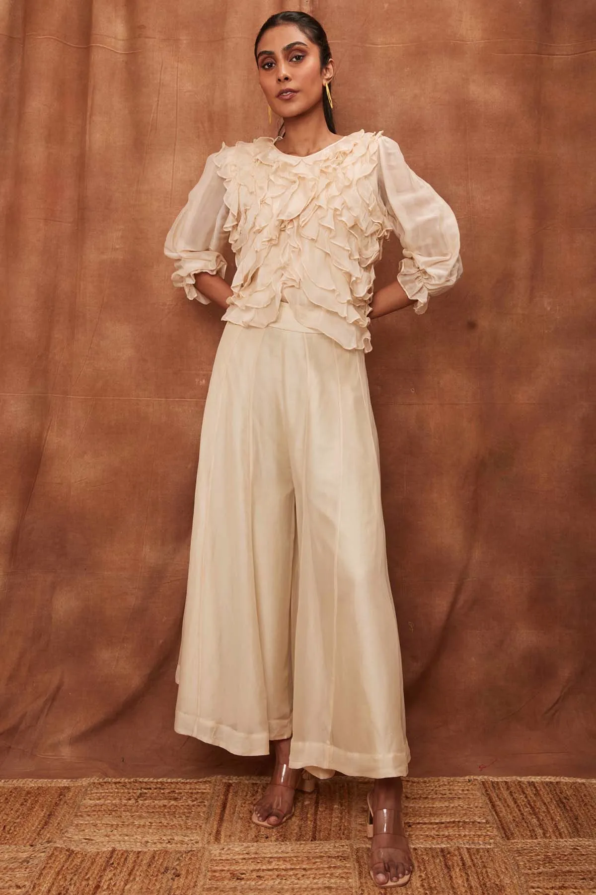 Cream Silk Ruffled Top & Pants