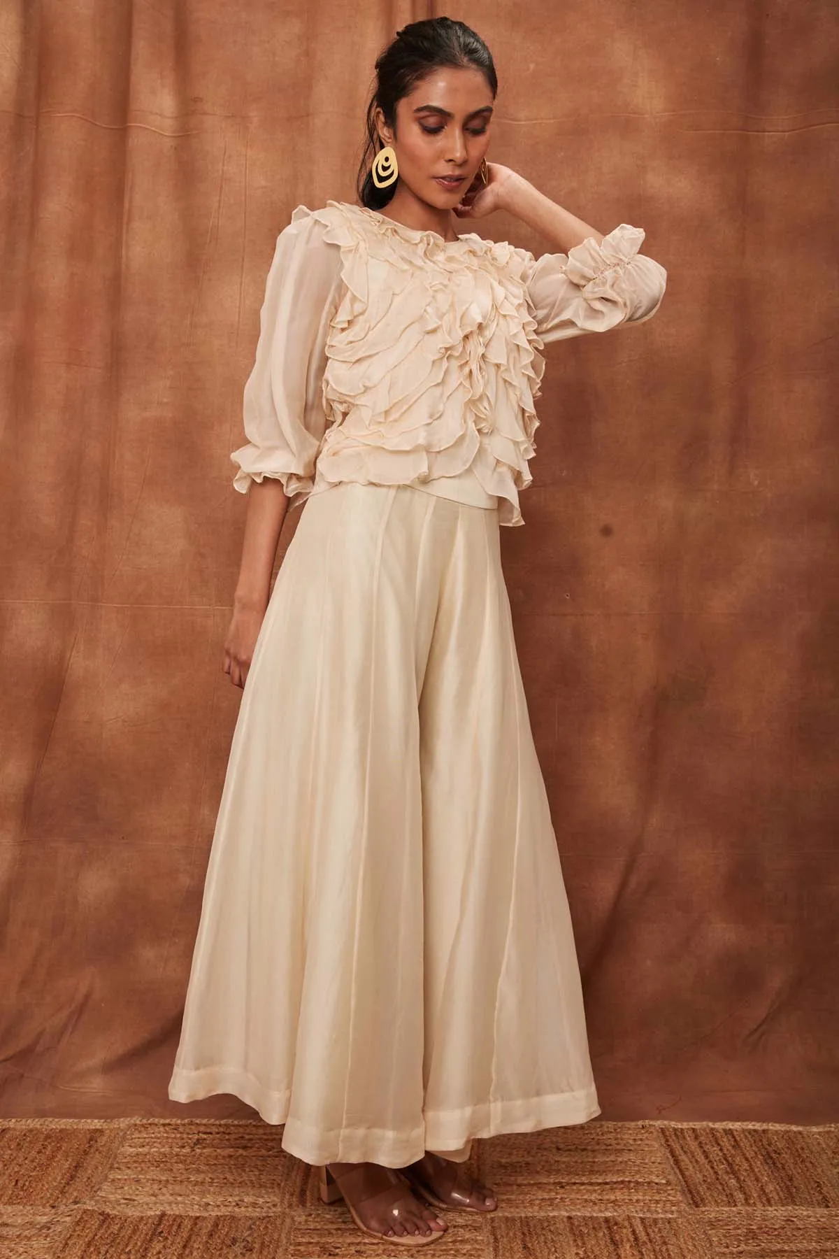 Cream Silk Ruffled Top & Pants