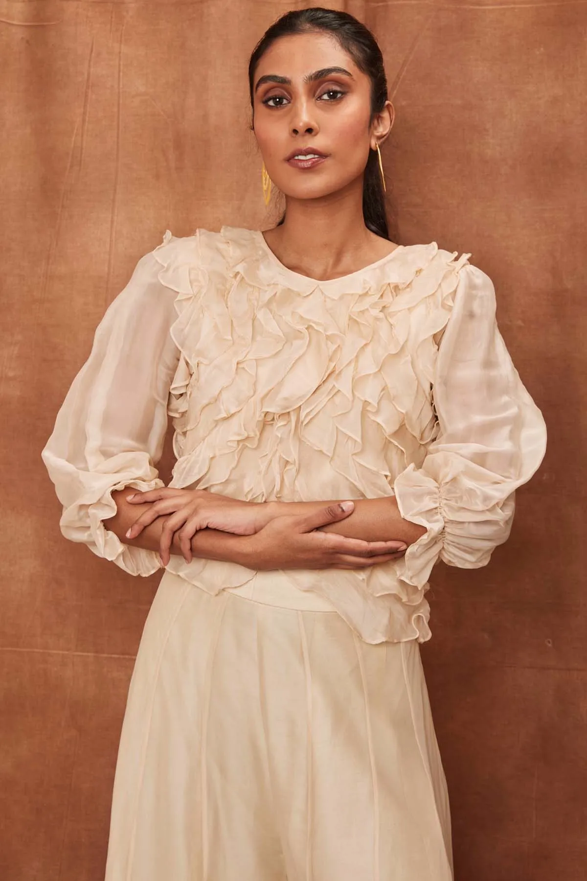 Cream Silk Ruffled Top & Pants