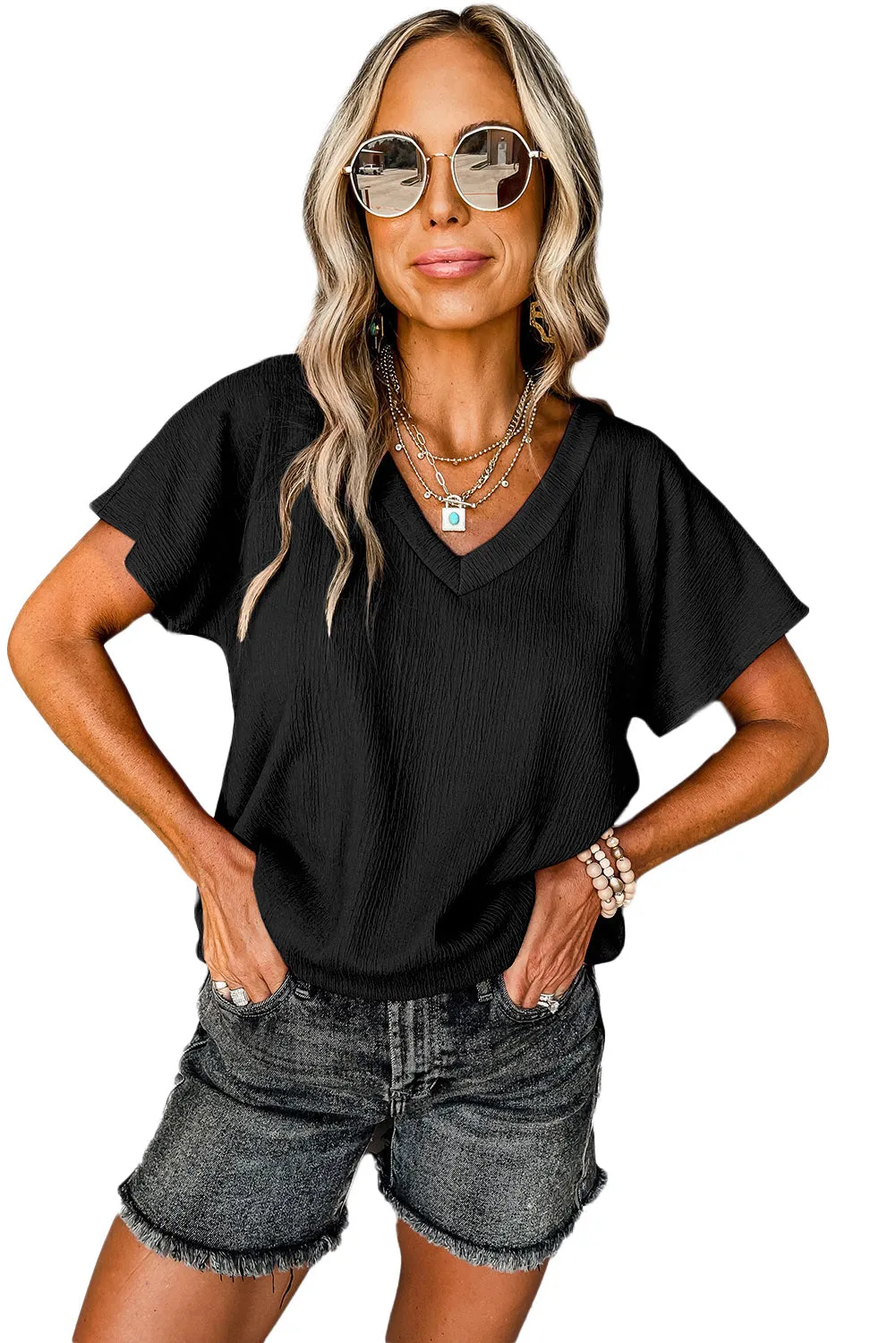 Crinkled V Neck Tee