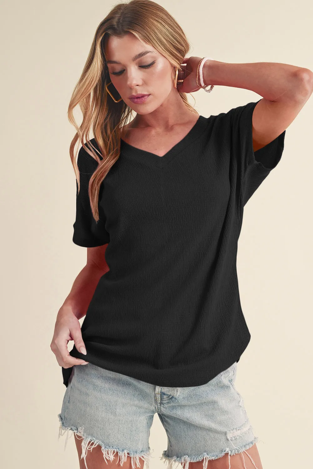 Crinkled V Neck Tee
