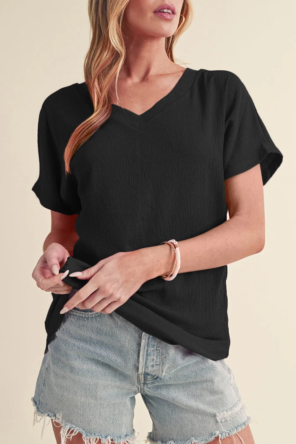 Crinkled V Neck Tee