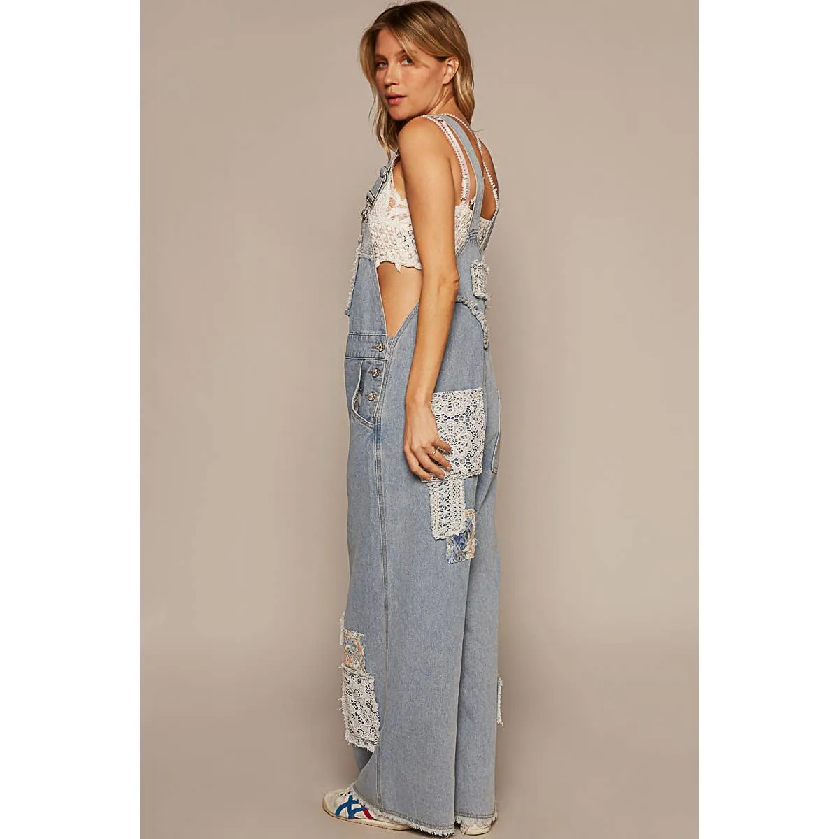 Crochet Patchwork Detail Casual Denim Overalls Jumper / Romper by POL